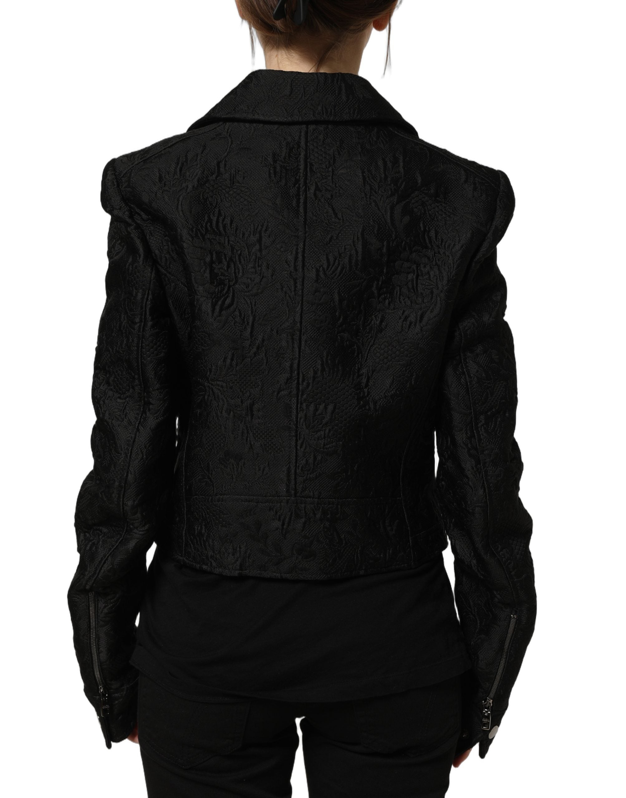 Dolce & Gabbana Schwarze Biker-Blousonjacke aus Blumenbrokat