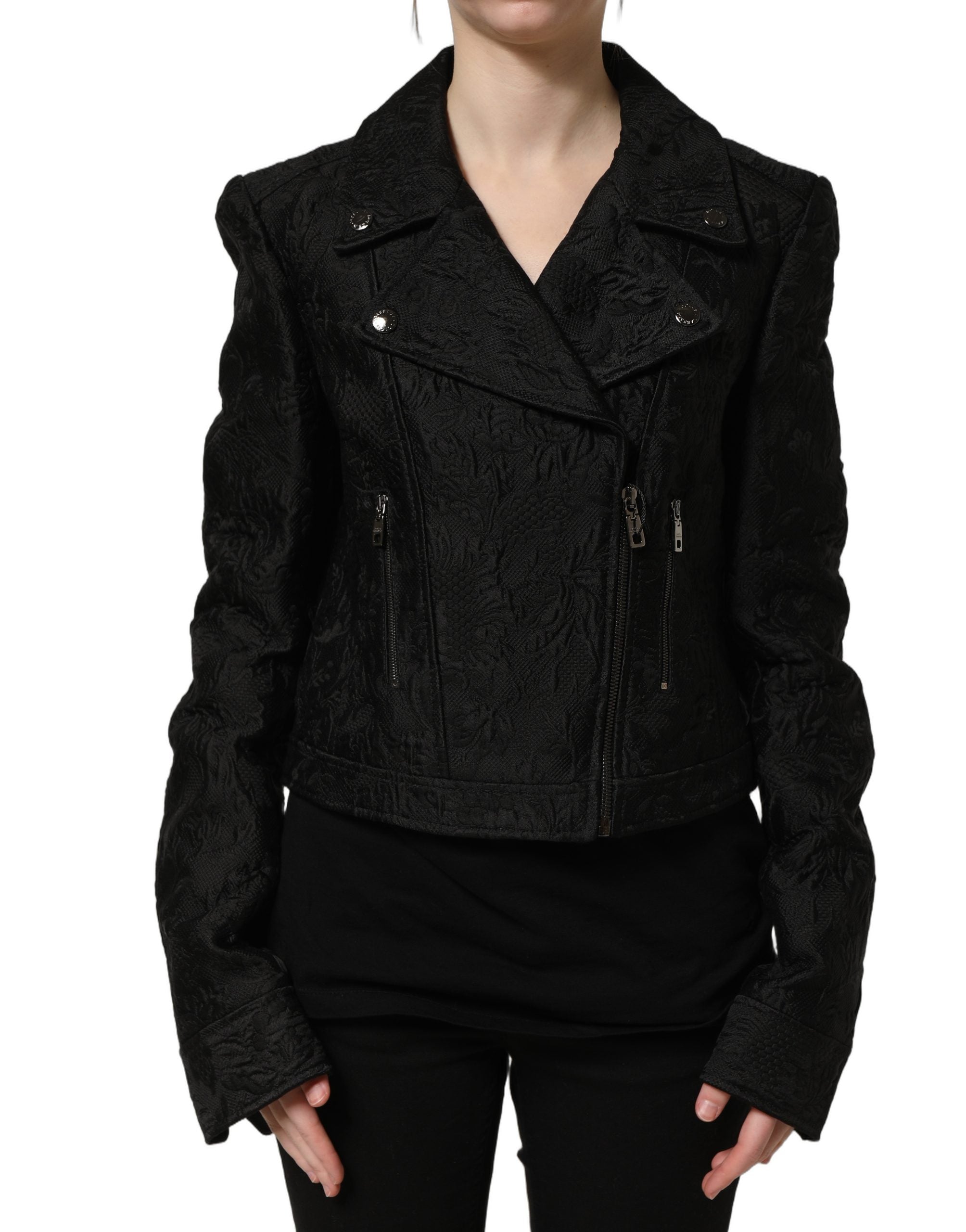 Dolce & Gabbana Schwarze Biker-Blousonjacke aus Blumenbrokat
