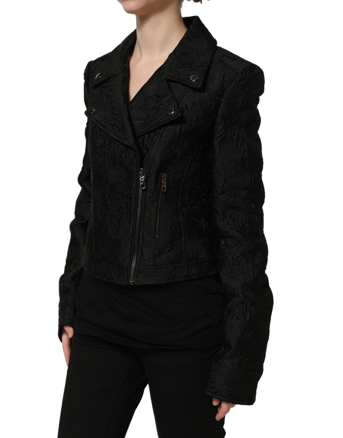 Dolce & Gabbana Schwarze Biker-Blousonjacke aus Blumenbrokat