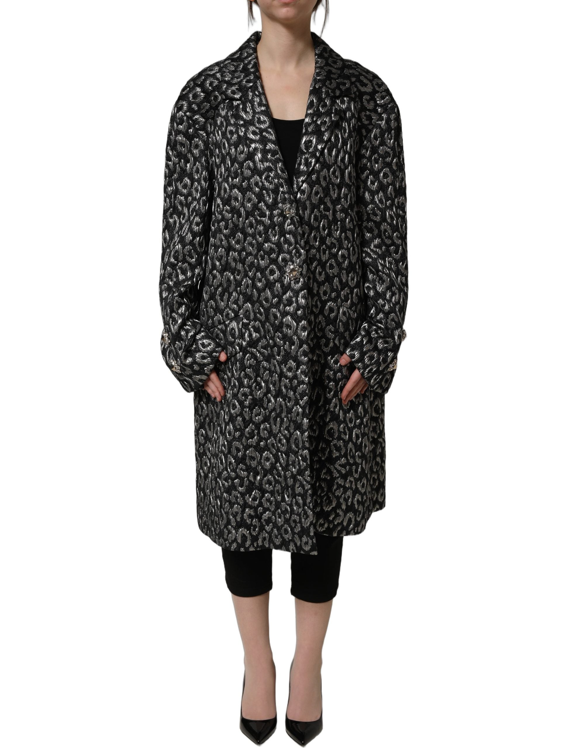 Dolce & Gabbana Schwarzer Jacquard-Mantel mit Silber-Leo-Muster