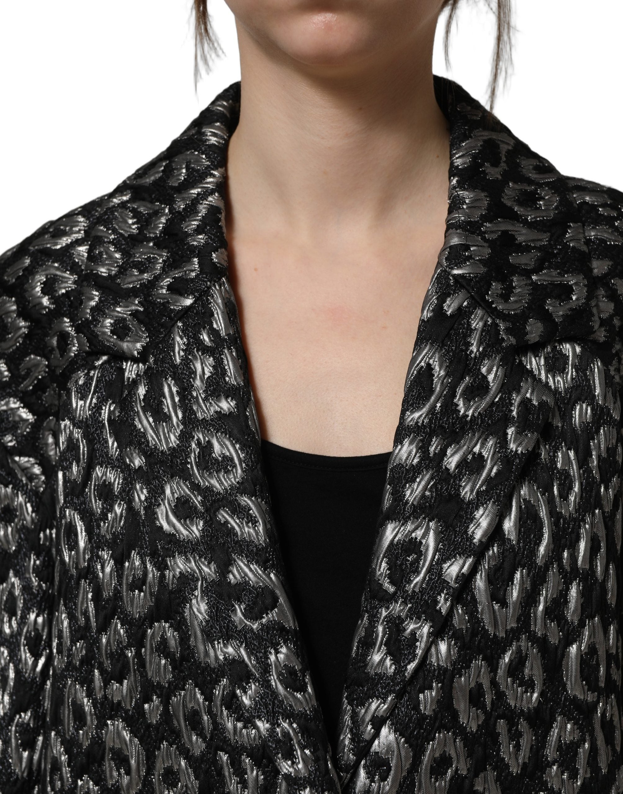 Dolce & Gabbana Schwarzer Jacquard-Mantel mit Silber-Leo-Muster