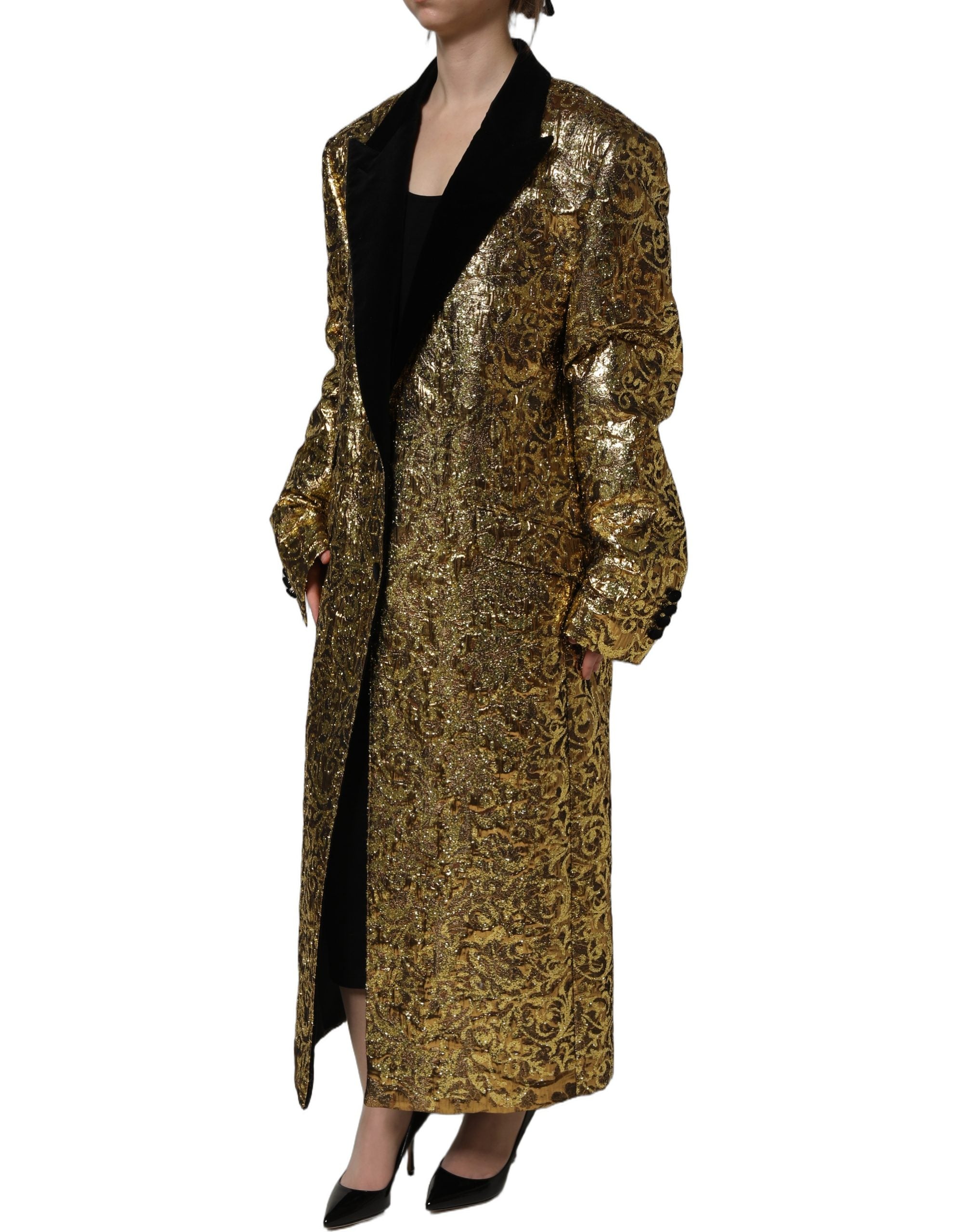 Dolce & Gabbana Goldfarbener Woll-Trenchcoat im Jacquard-Dessin mit Blumenmuster