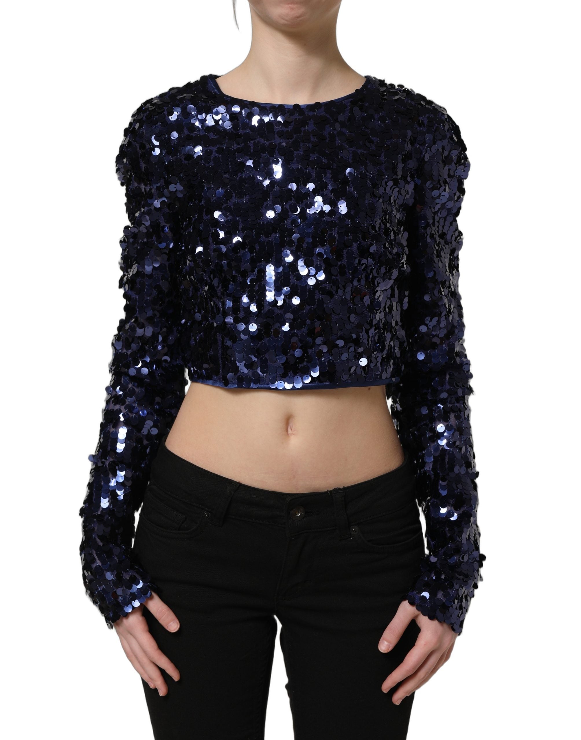 Dolce & Gabbana Blaues Pailletten-Crop-Top mit langen Ärmeln