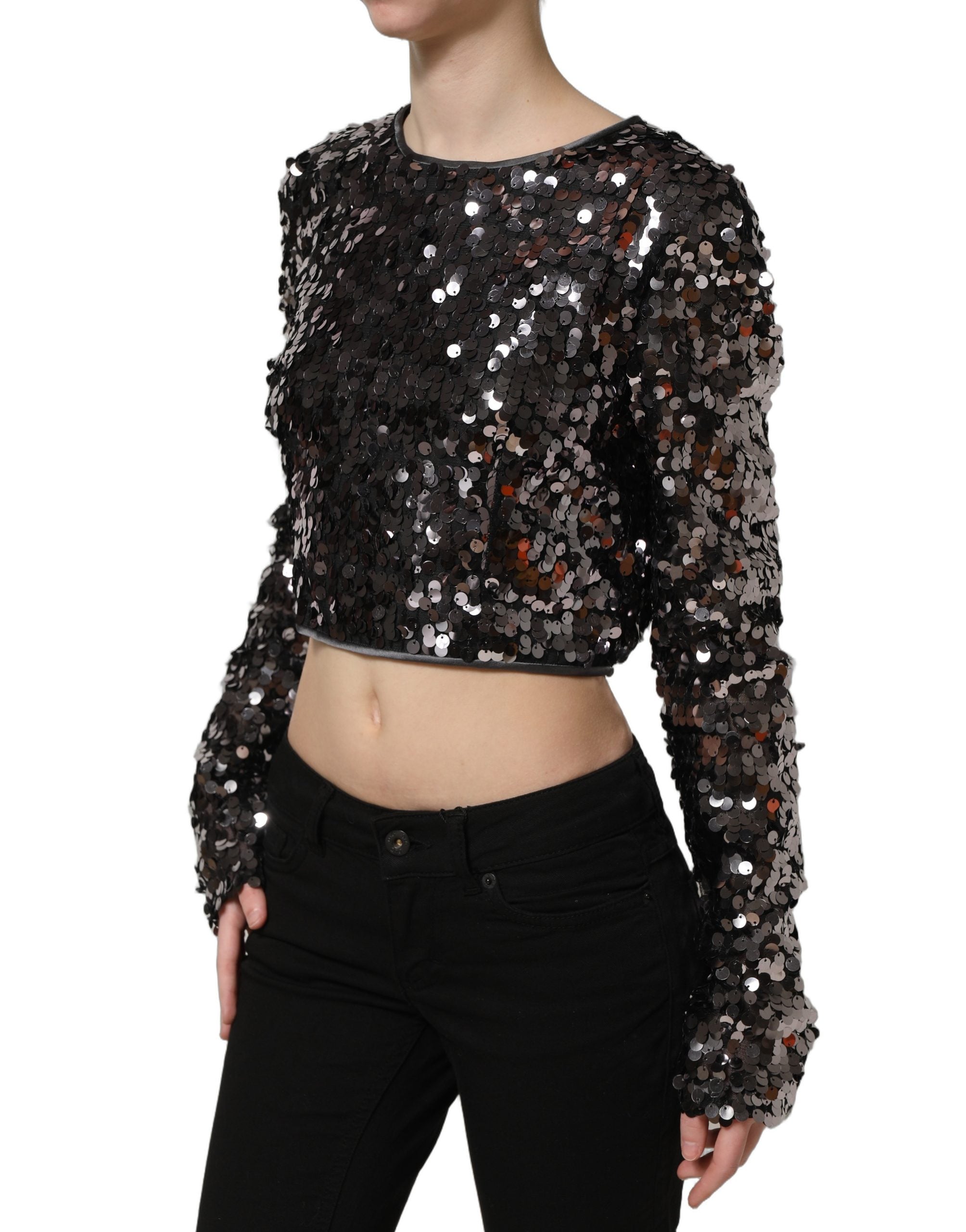 Dolce & Gabbana Schwarze Crop-Bluse mit Pailletten und langen Ärmeln