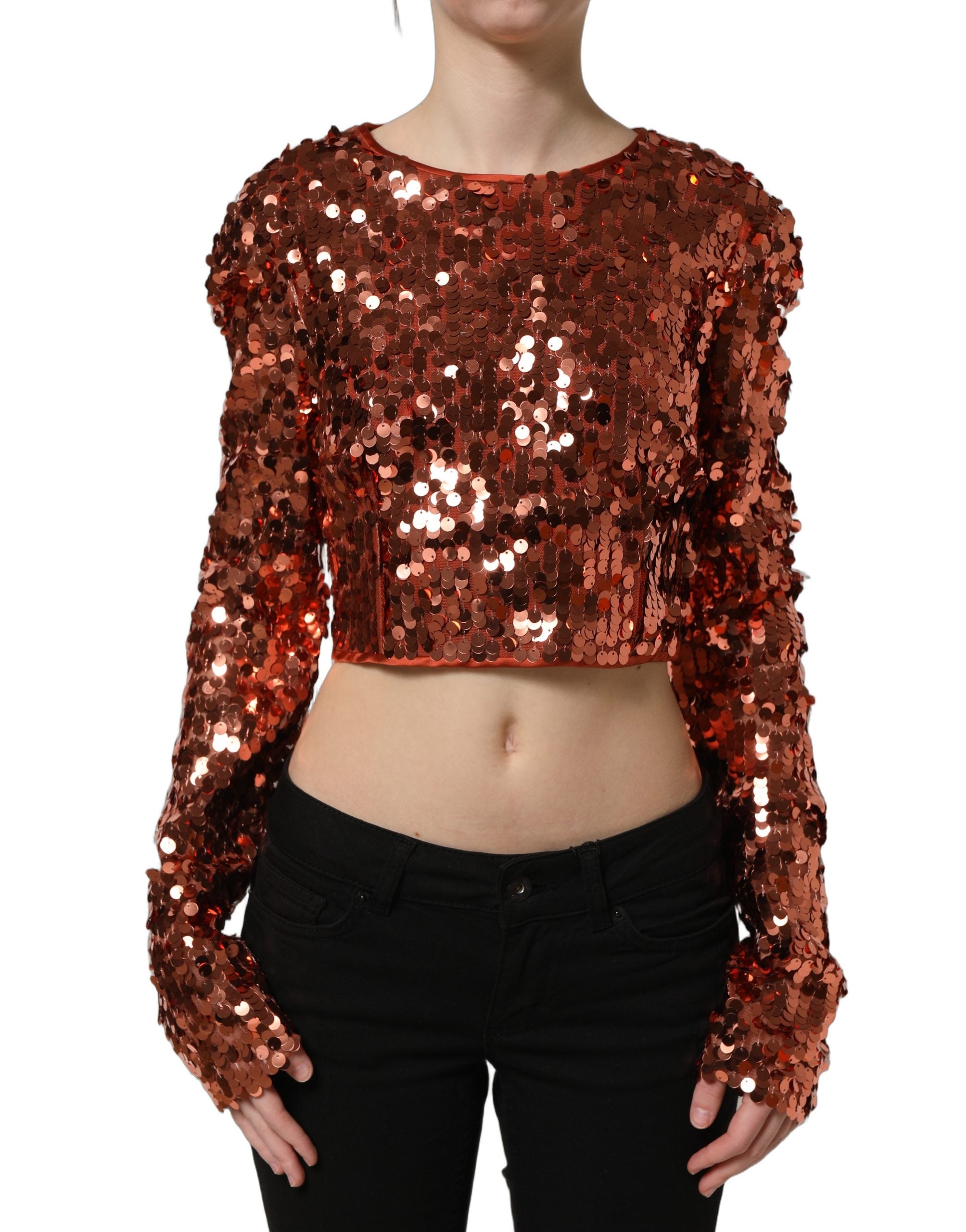 Dolce & Gabbana Rotes Pailletten-Crop-Top mit langen Ärmeln