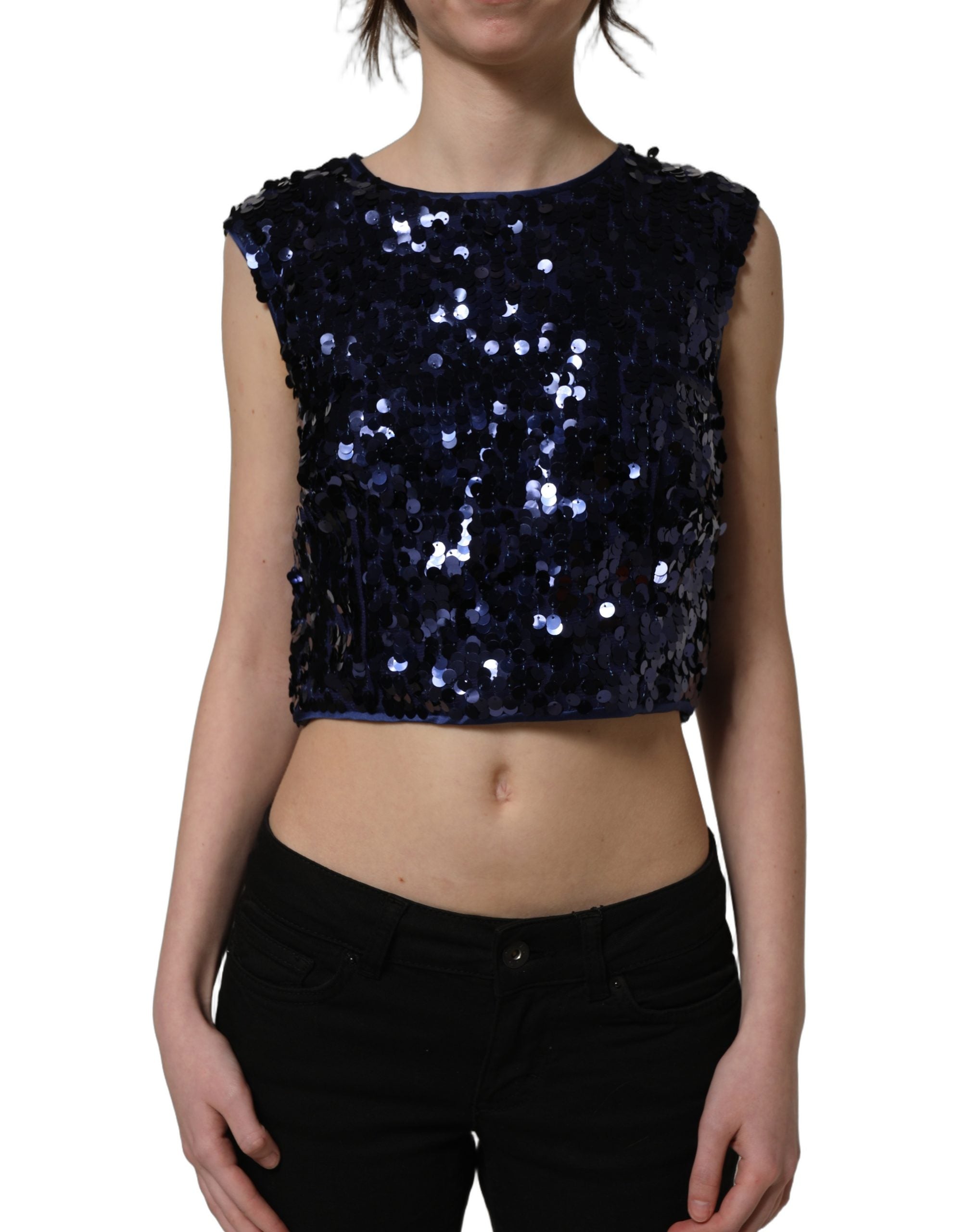 Dolce & Gabbana Blaues Pailletten-Top ohne Ärmel, Cropped
