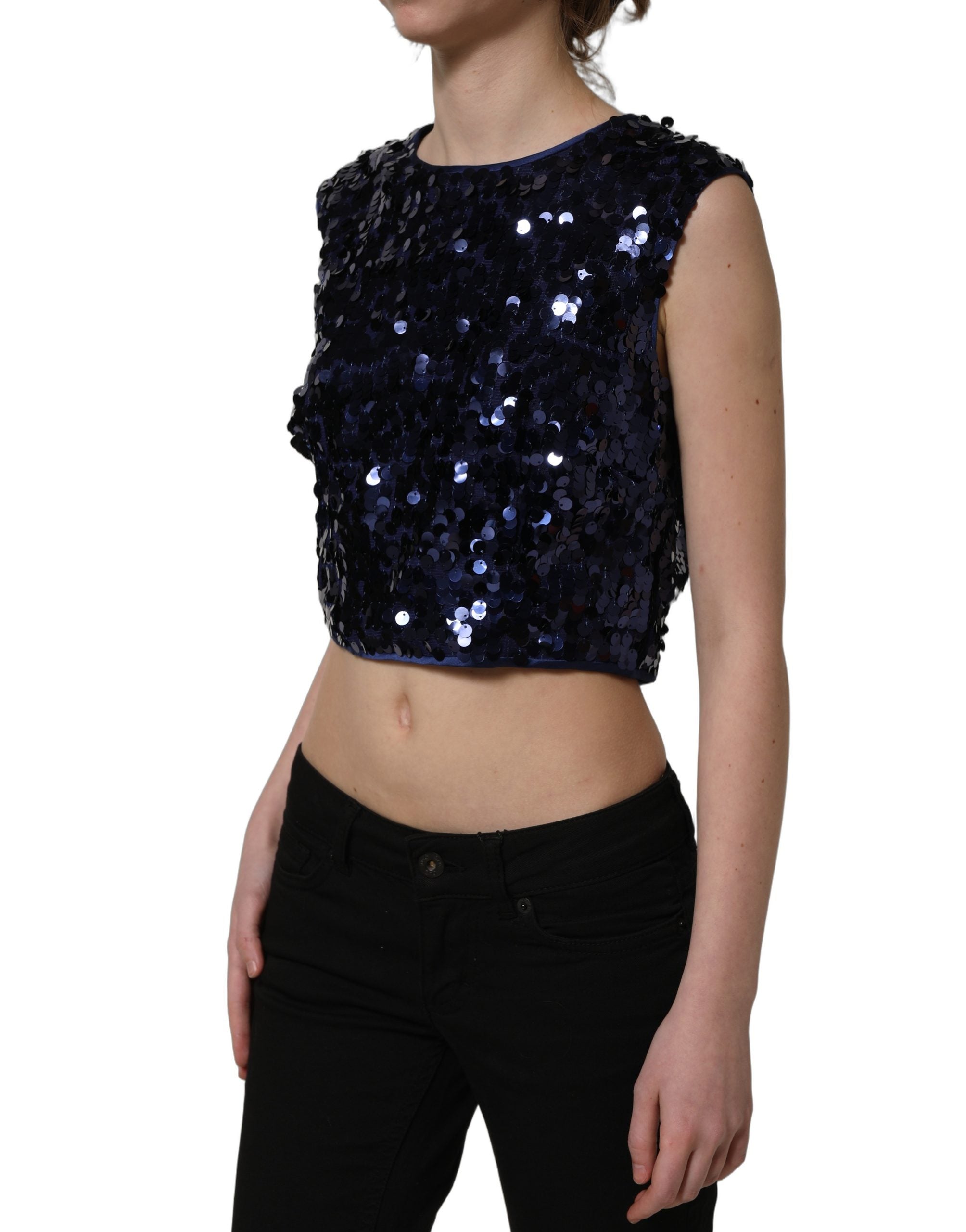Dolce & Gabbana Blaues Pailletten-Top ohne Ärmel, Cropped