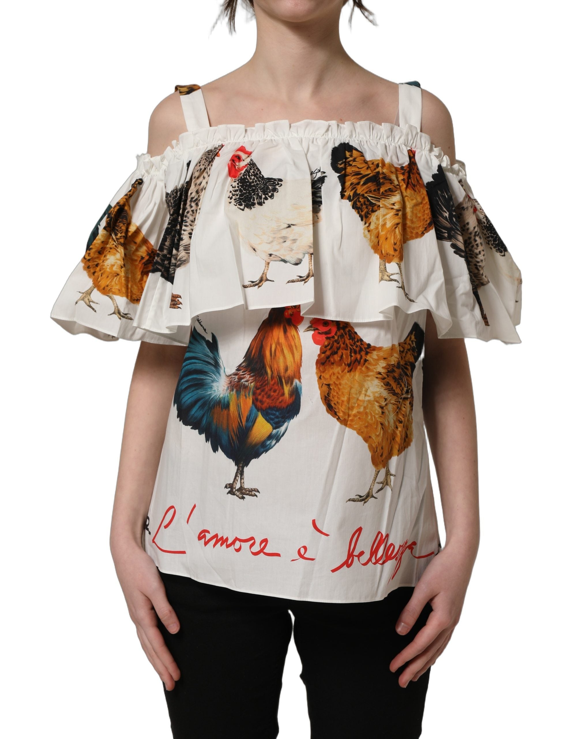 Dolce & Gabbana Weiße Popeline-Bluse mit Hahnendruck, schulterfrei