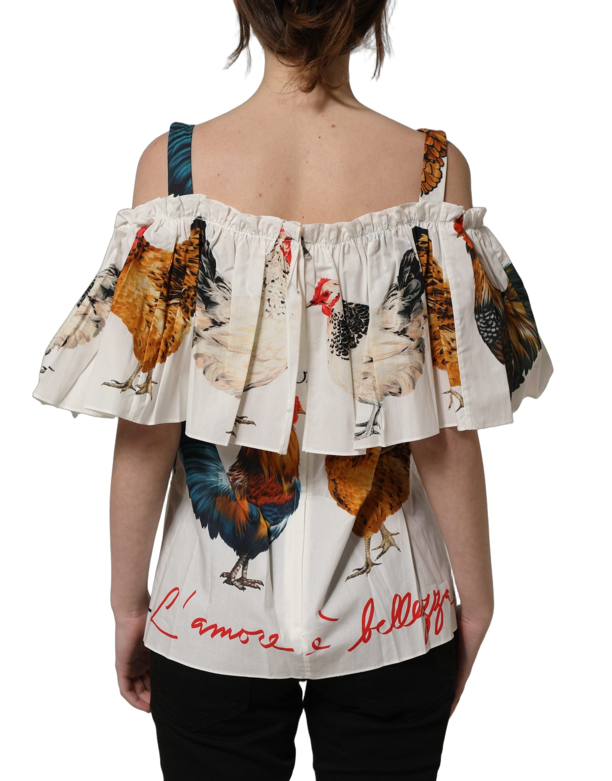 Dolce & Gabbana Weiße Popeline-Bluse mit Hahnendruck, schulterfrei