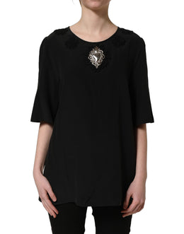 Dolce & Gabbana Schwarze Seidenbluse mit Herz-Applikation und Blumenmuster