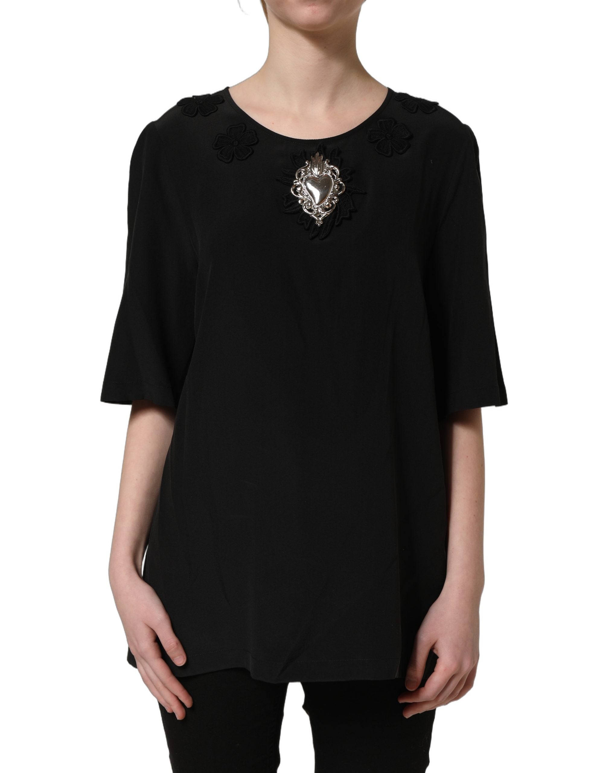 Dolce & Gabbana Schwarze Seidenbluse mit Herz-Applikation und Blumenmuster