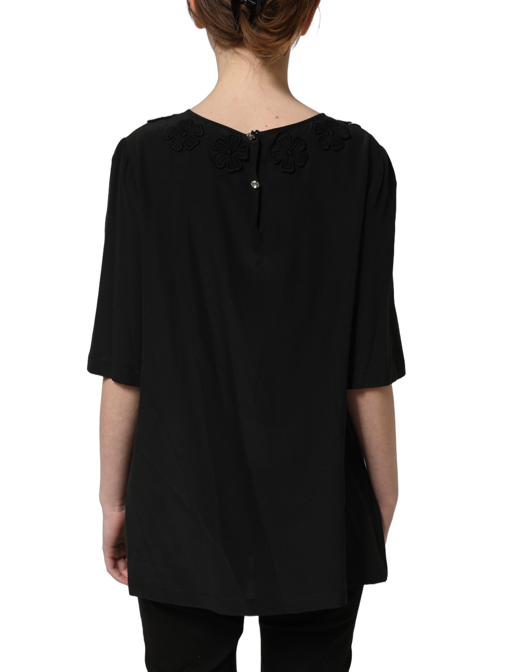 Dolce & Gabbana Schwarze Seidenbluse mit Herz-Applikation und Blumenmuster