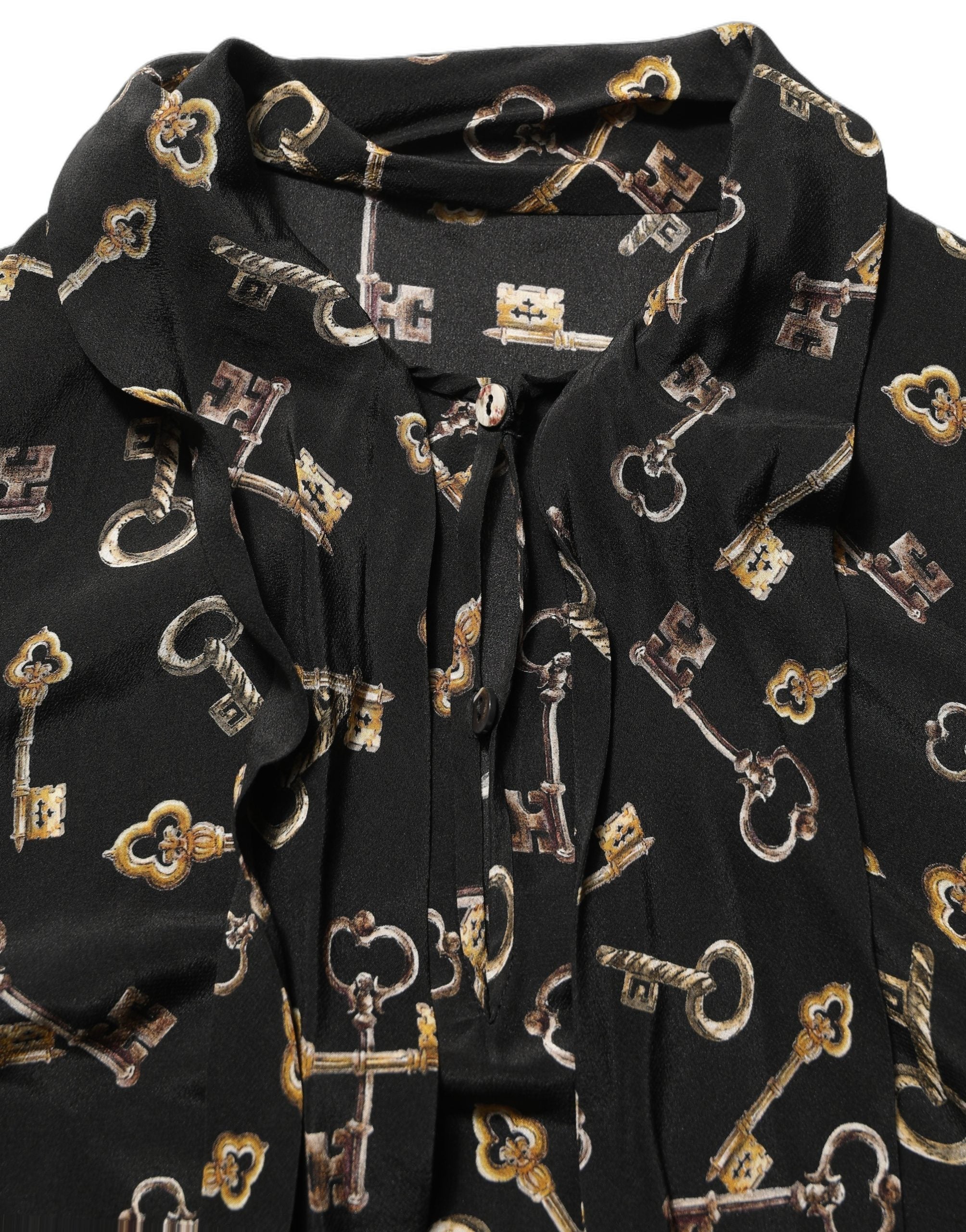 Dolce & Gabbana Seidenbluse mit schwarzem Schlüssel-Print und Schleifenkragen
