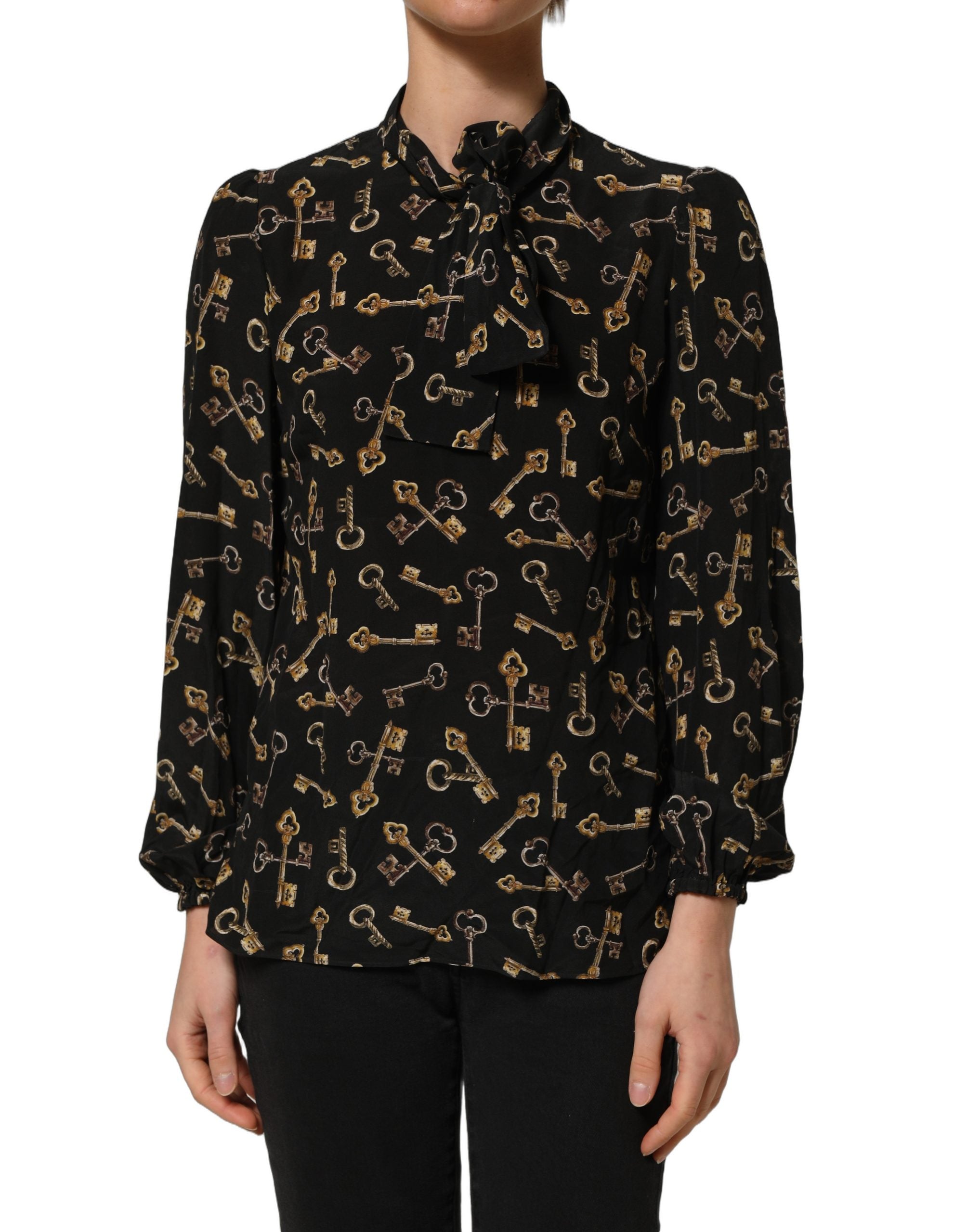 Dolce & Gabbana Seidenbluse mit schwarzem Schlüssel-Print und Schleifenkragen