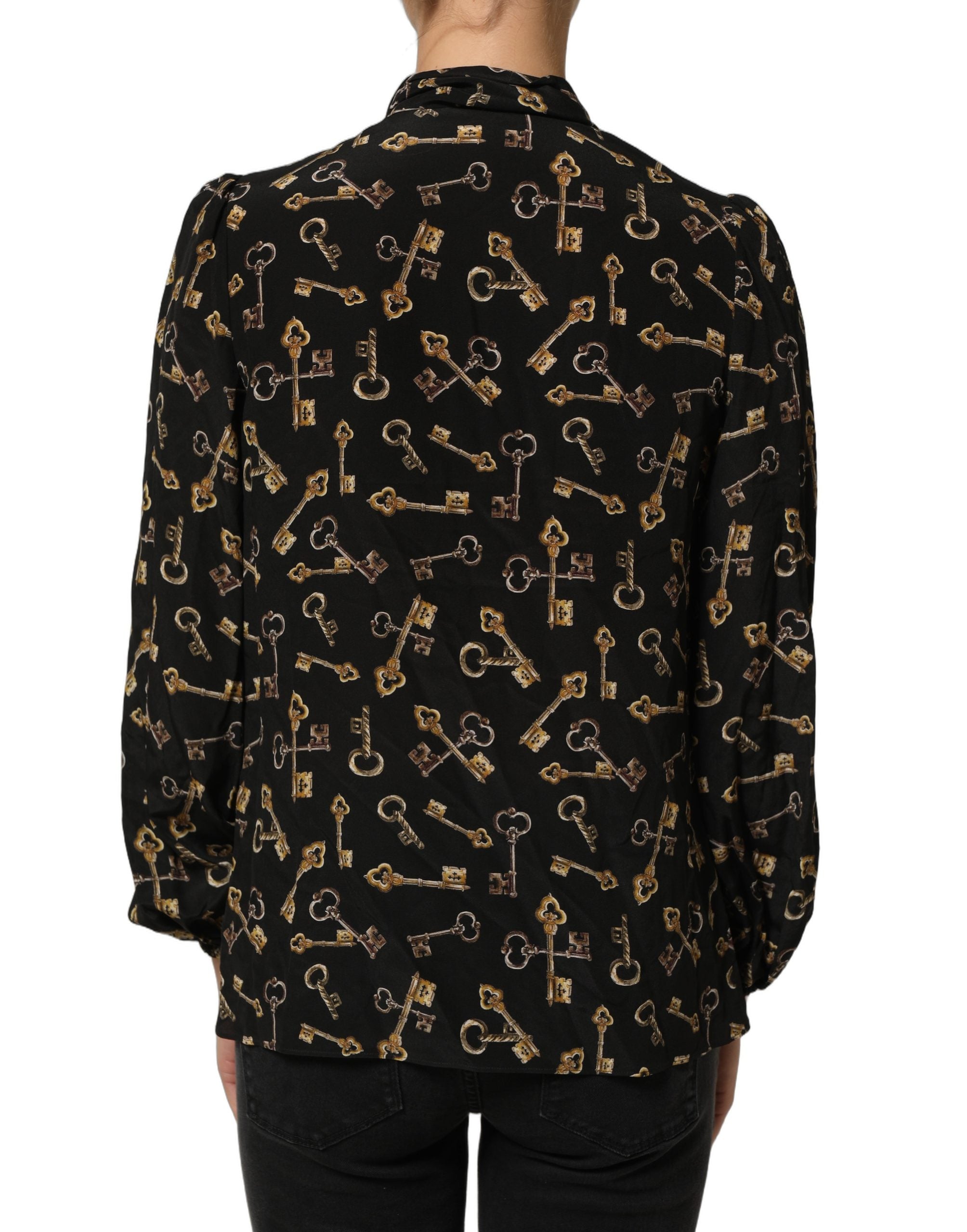 Dolce & Gabbana Seidenbluse mit schwarzem Schlüssel-Print und Schleifenkragen