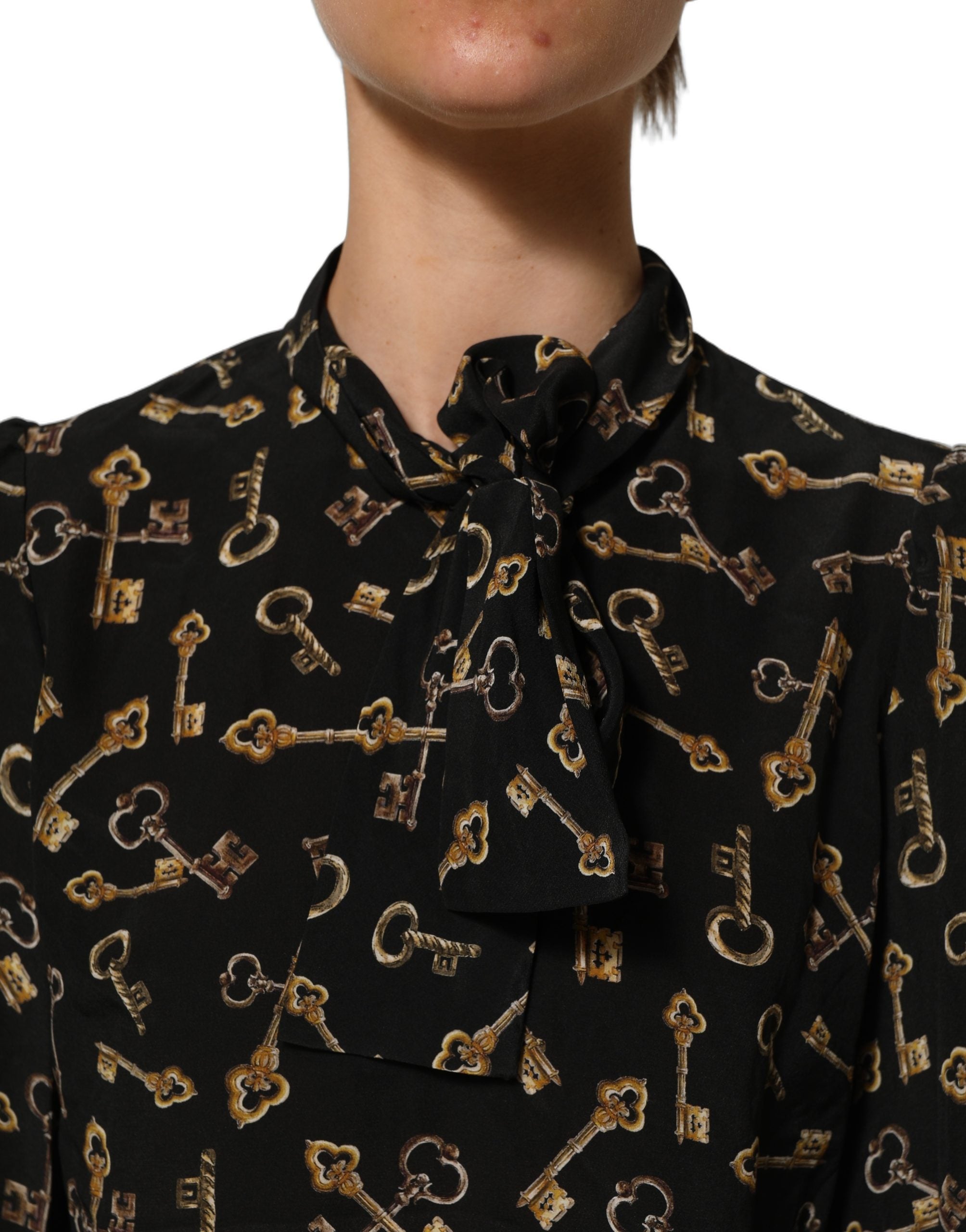 Dolce & Gabbana Seidenbluse mit schwarzem Schlüssel-Print und Schleifenkragen