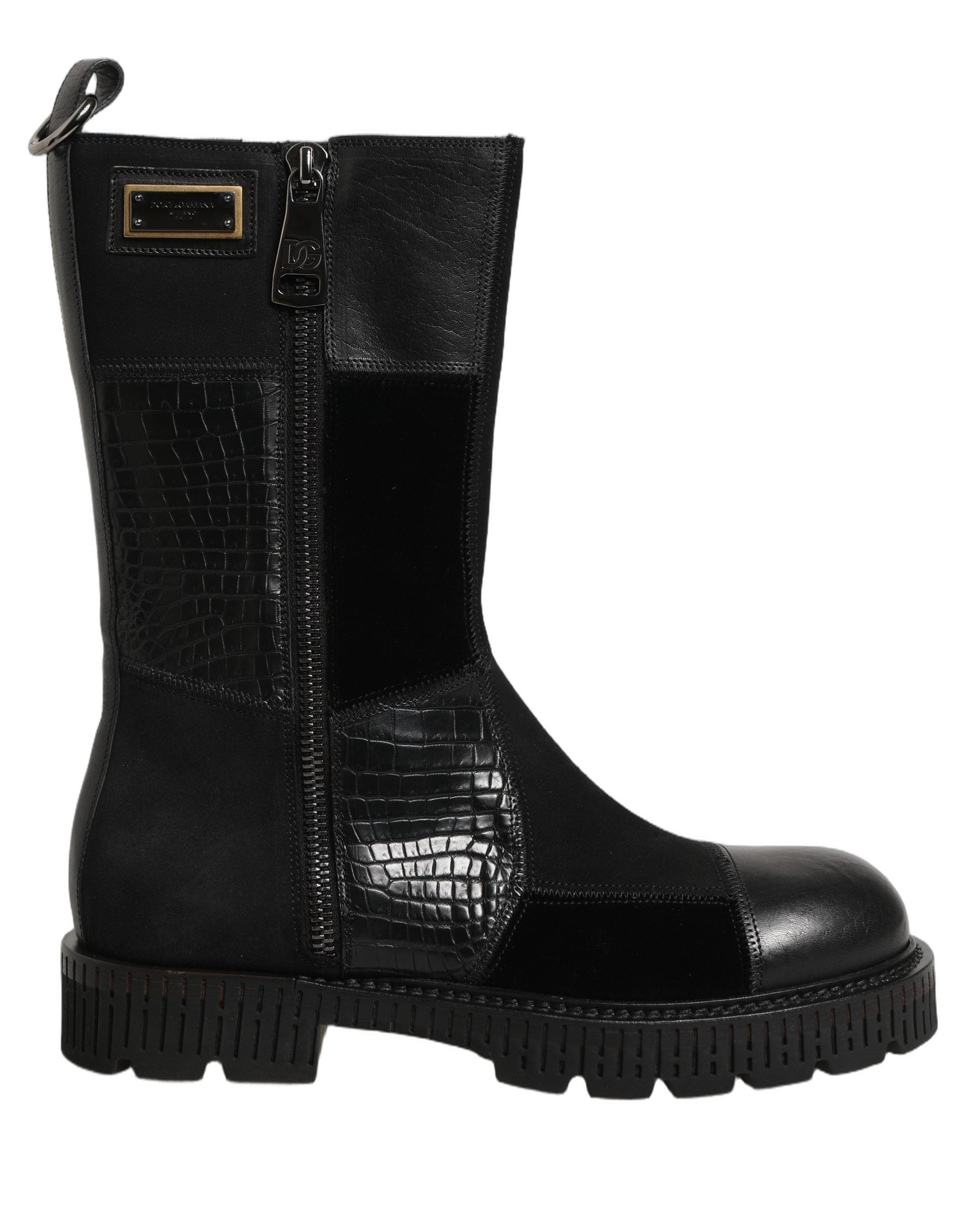 Dolce & Gabbana Schwarze Leder-Stiefeletten mit Patchwork-Optik