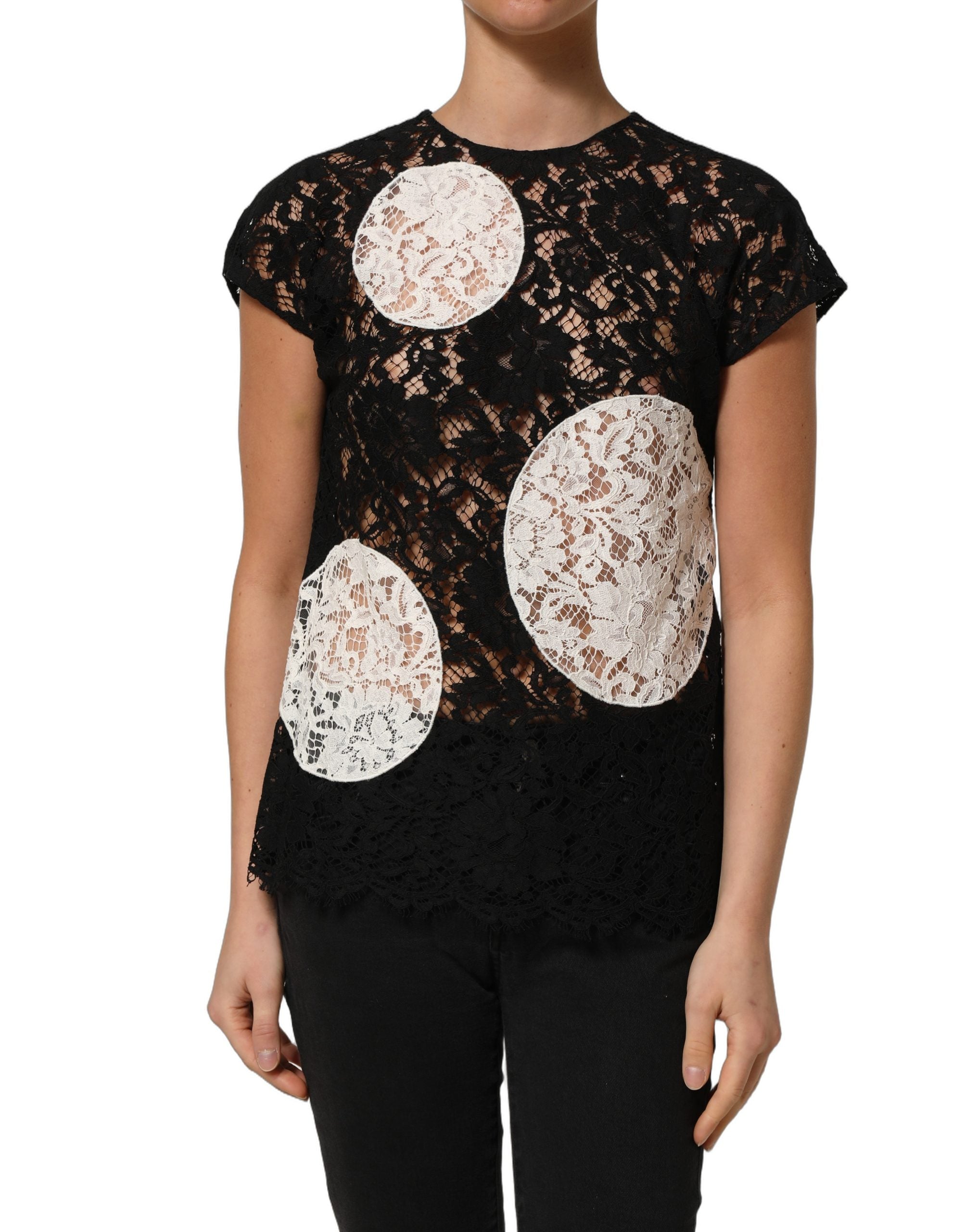 Dolce & Gabbana Kurzarmbluse mit schwarzer und weißer Blumen-Spitze