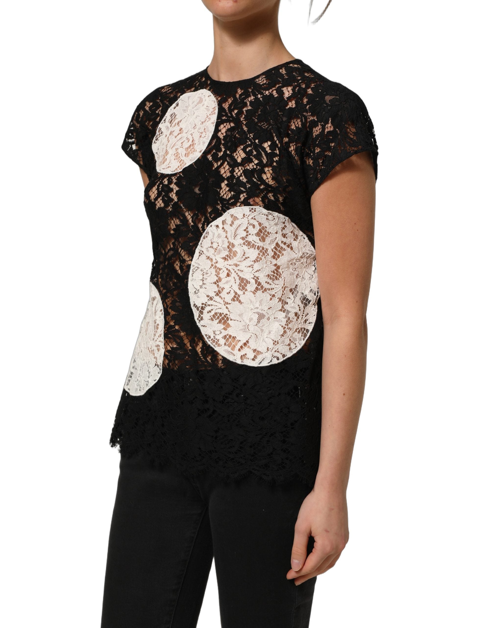 Dolce & Gabbana Kurzarmbluse mit schwarzer und weißer Blumen-Spitze