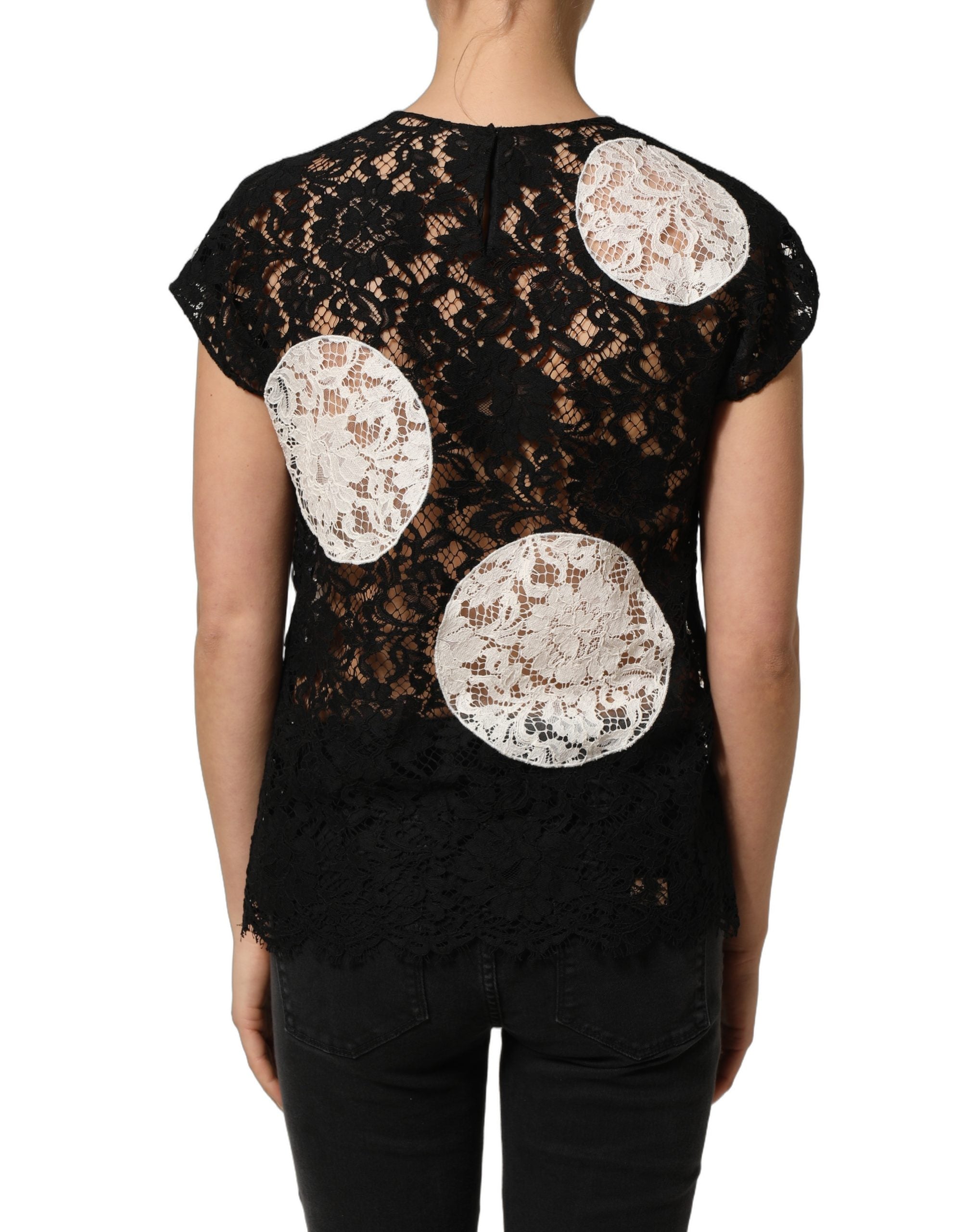 Dolce & Gabbana Kurzarmbluse mit schwarzer und weißer Blumen-Spitze
