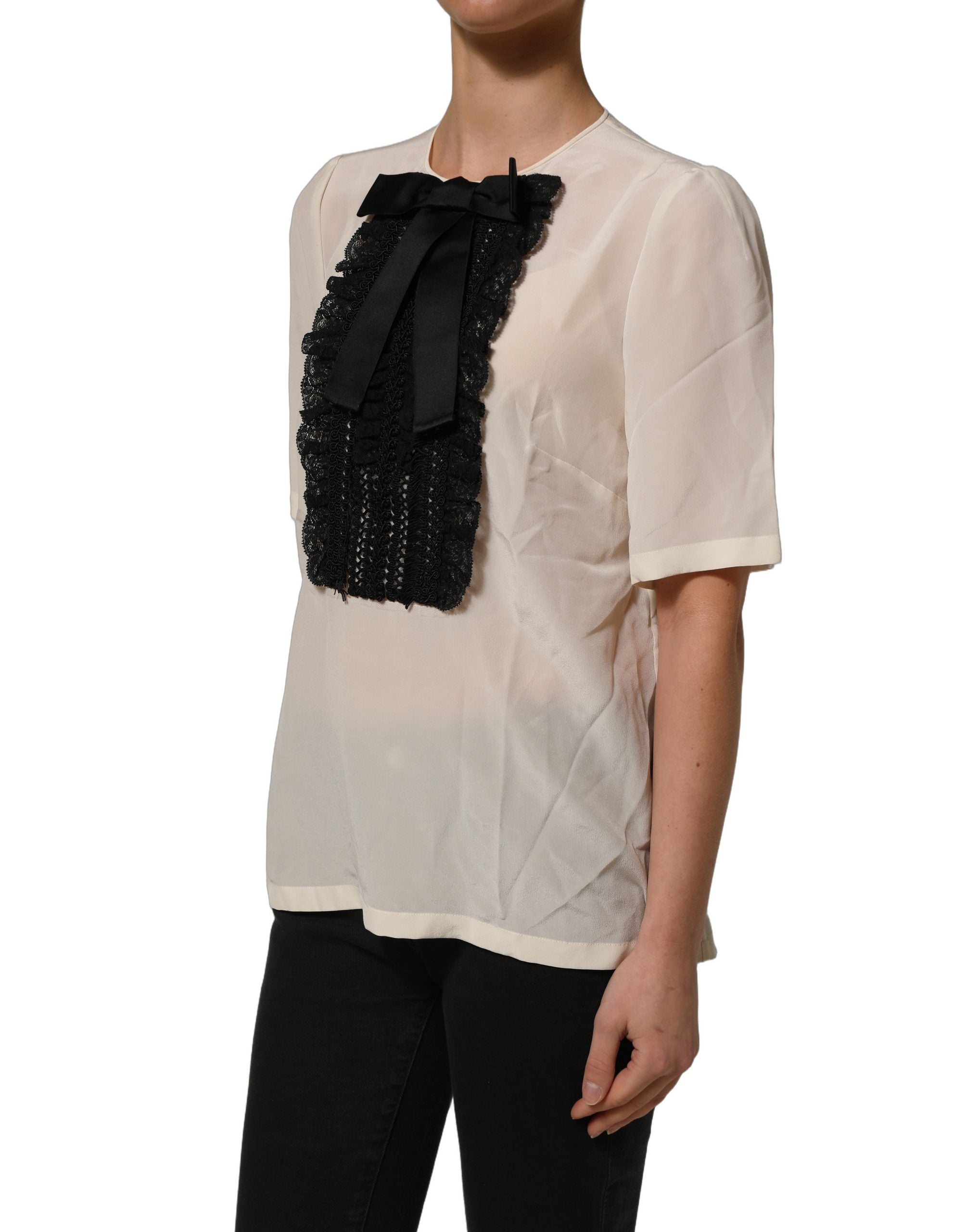 Dolce & Gabbana Beige Seidenbluse mit Spitzenbesatz und Schleife, kurze Ärmel