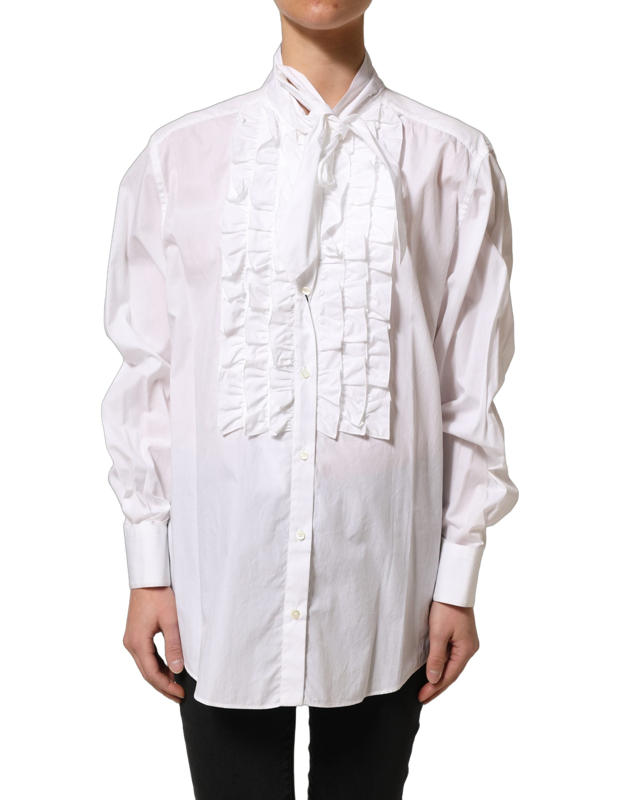 Dolce & Gabbana Weiße Bluse mit Rüschen-Latz und langen Ärmeln