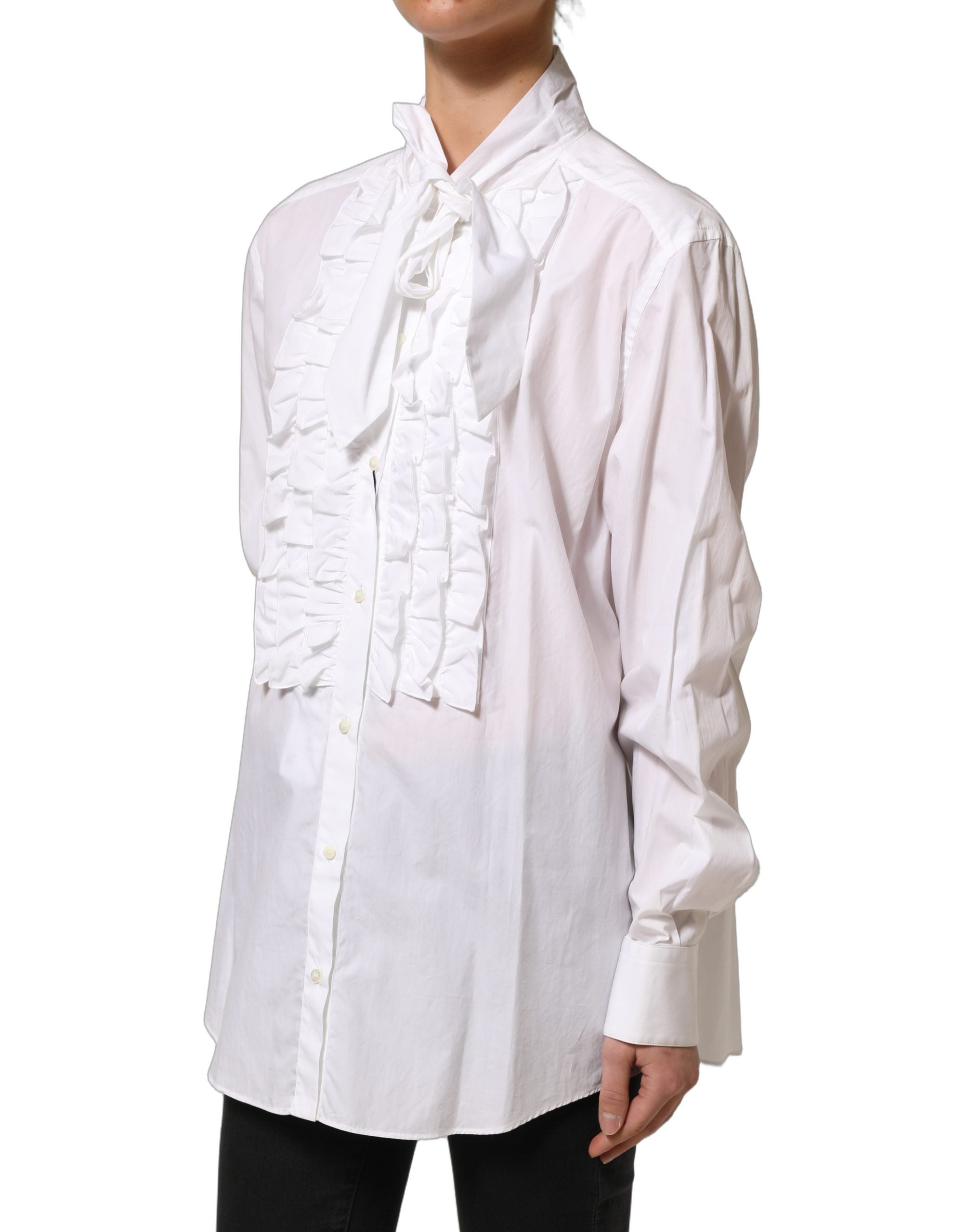 Dolce & Gabbana Weiße Bluse mit Rüschen-Latz und langen Ärmeln