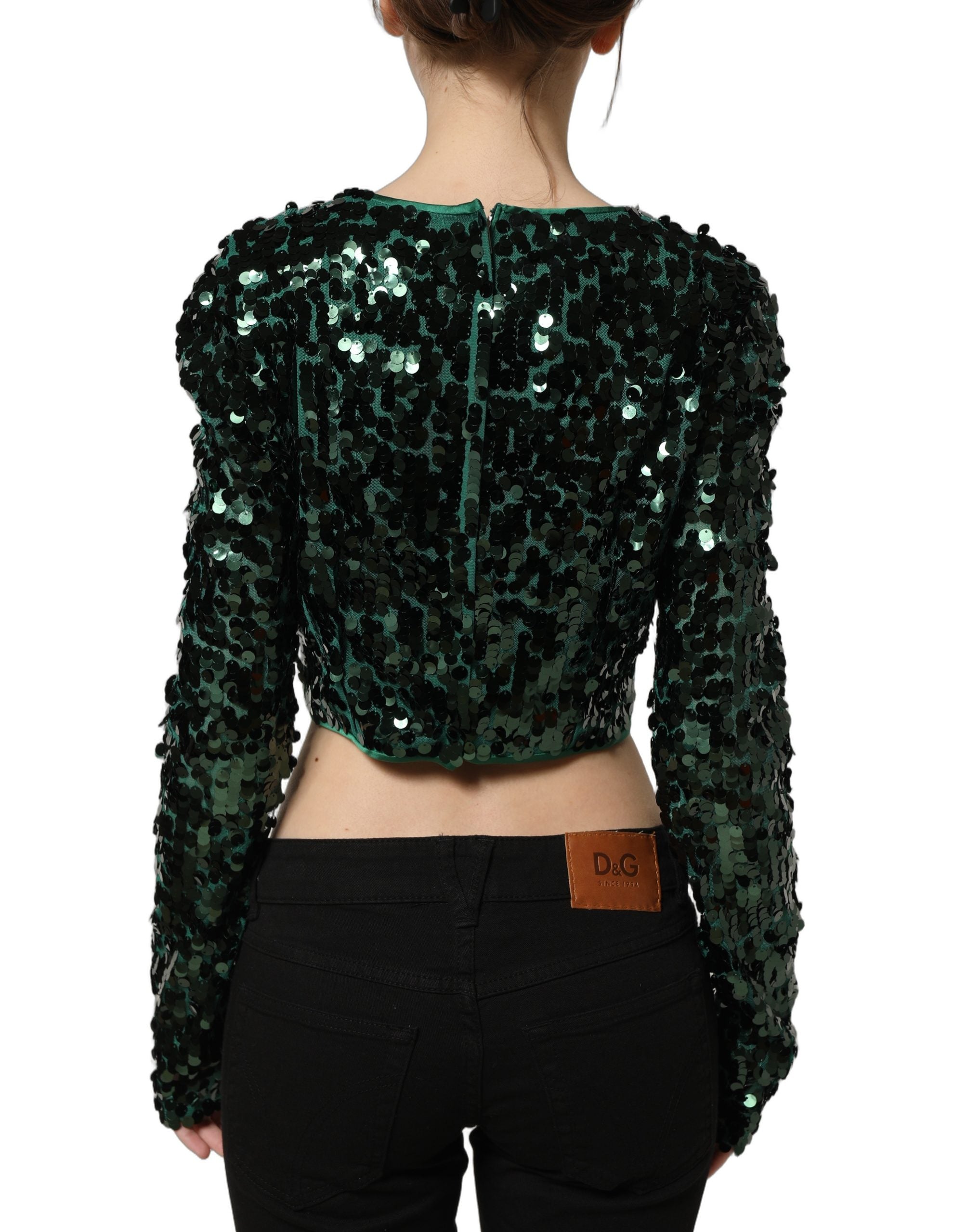 Dolce & Gabbana Grünes Crop-Top mit Pailletten und langen Ärmeln