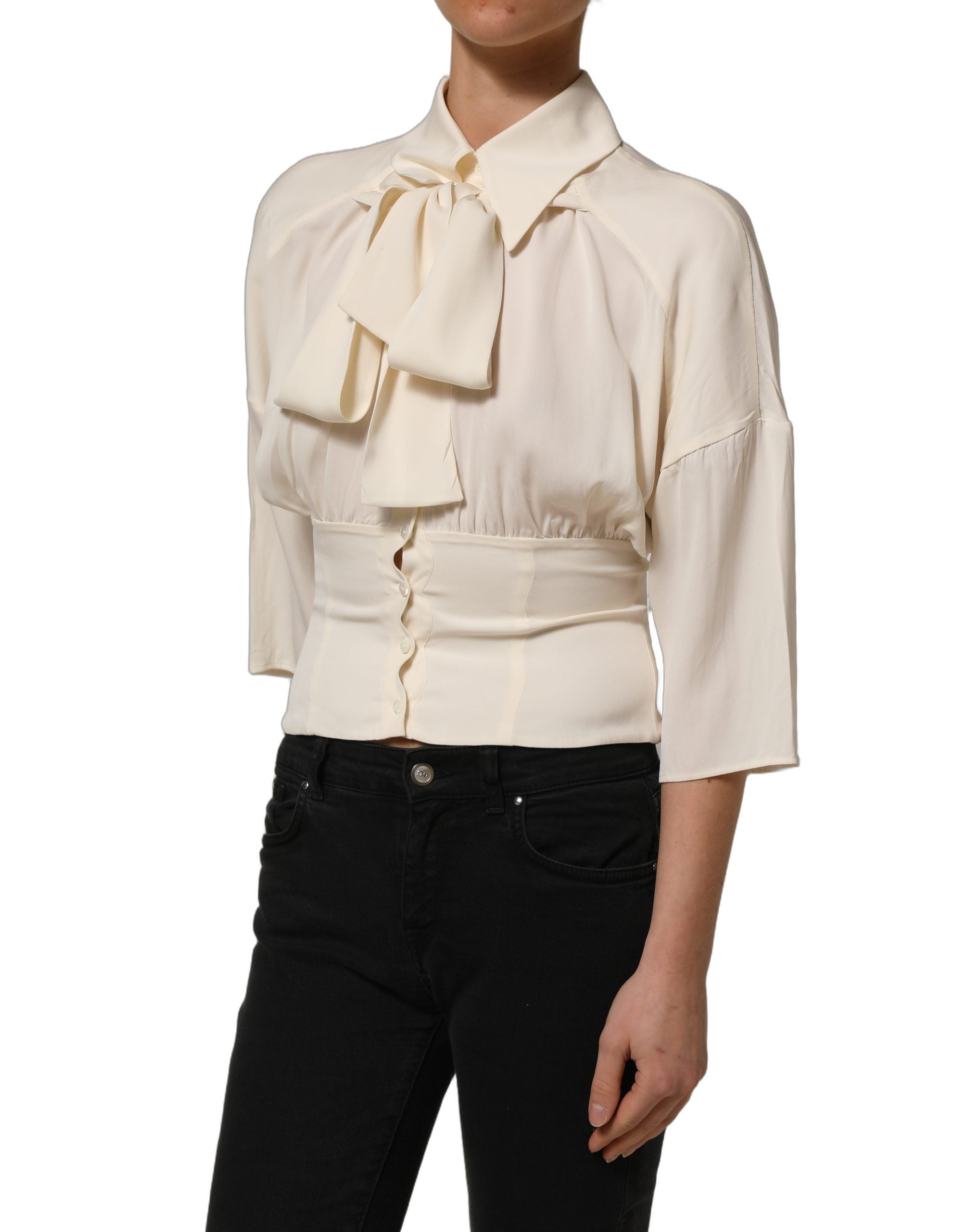 Dolce & Gabbana Weiße Bluse mit Ascot-Kragen und langen Ärmeln