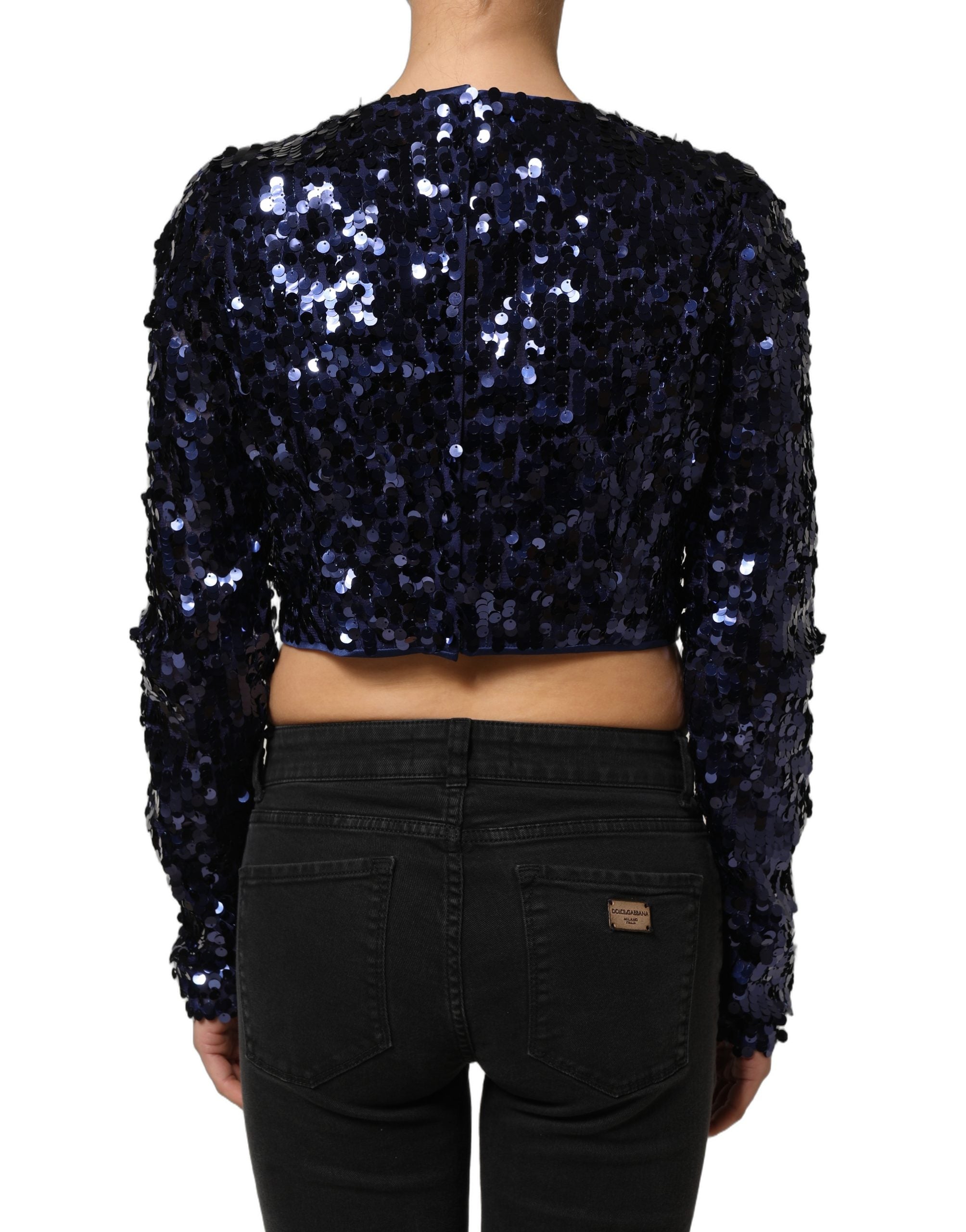 Dolce & Gabbana Blaues Pailletten-Crop-Top mit langen Ärmeln