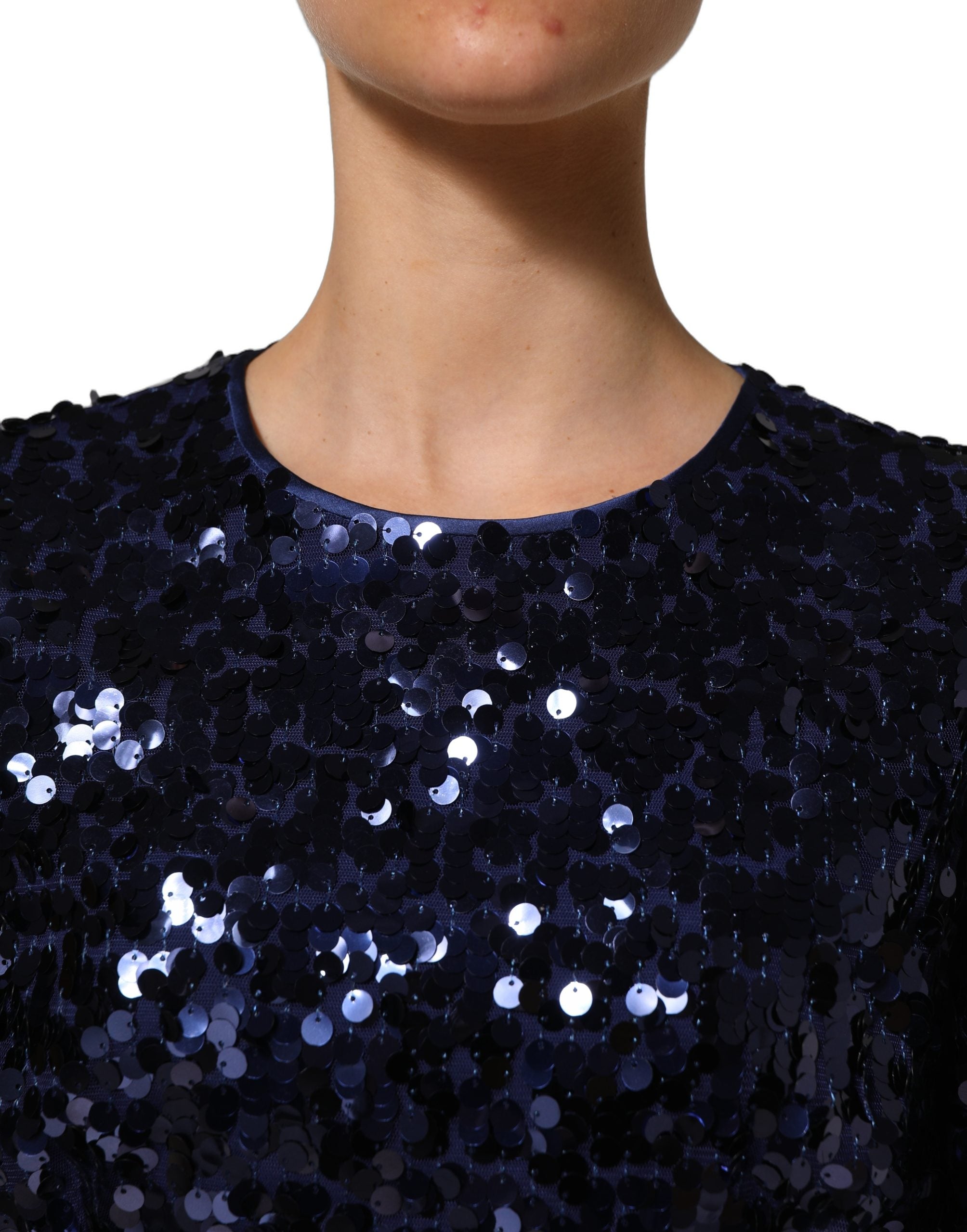 Dolce & Gabbana Blaues Pailletten-Crop-Top mit langen Ärmeln