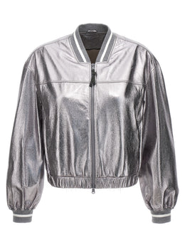 Brunello Cucinelli Bomberjacke aus silbernem Leder