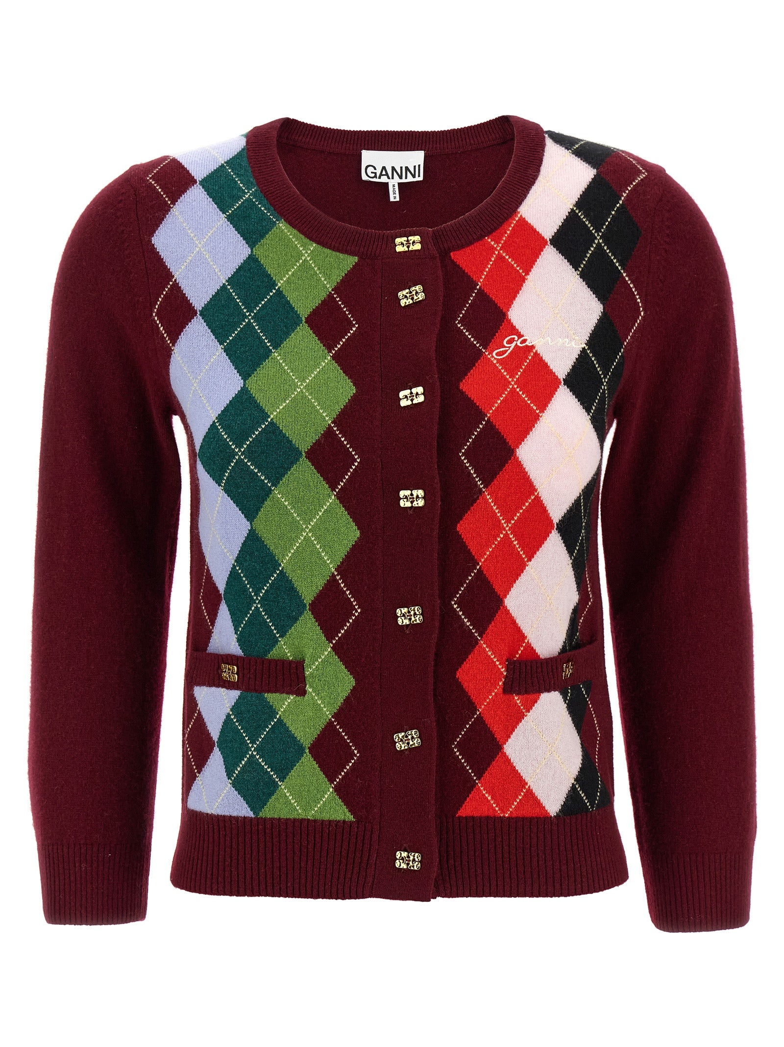 Ganni Cardigan aus Bordeaux-Merinowolle