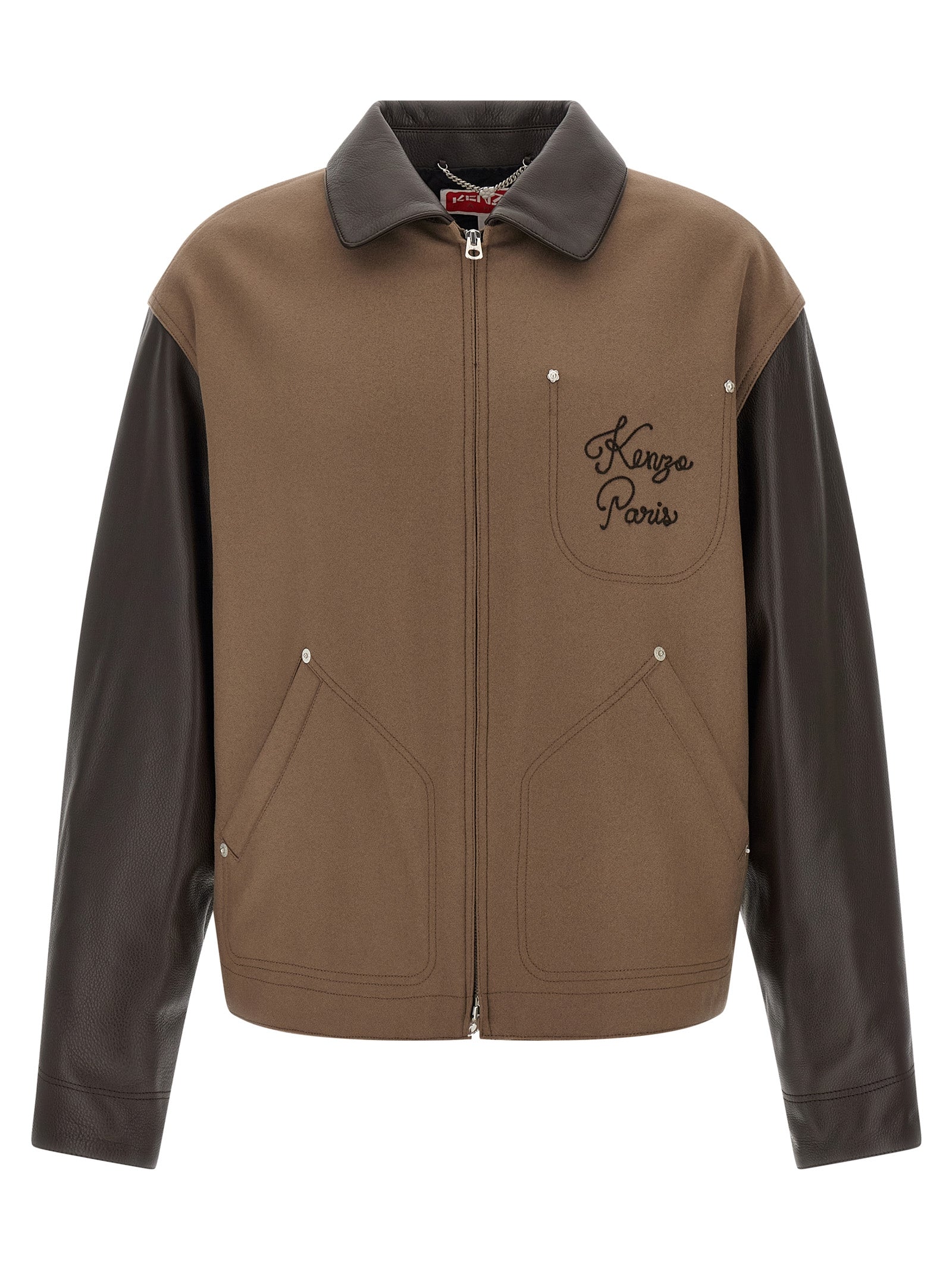Kenzo Braune Jacke aus Schurwolle und Leder