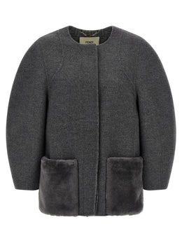 Fendi Grauer Wollmantel aus reiner Schurwolle