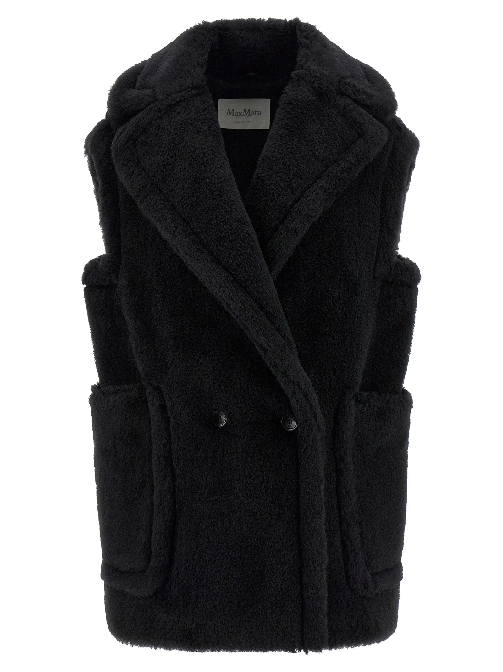 Max Mara Ärmellose Jacke aus schwarzem Alpaka und Leder
