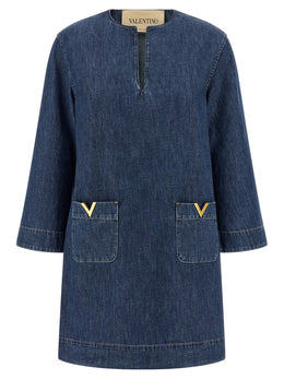 Valentino Garavani Kurzes blaues Baumwollkleid