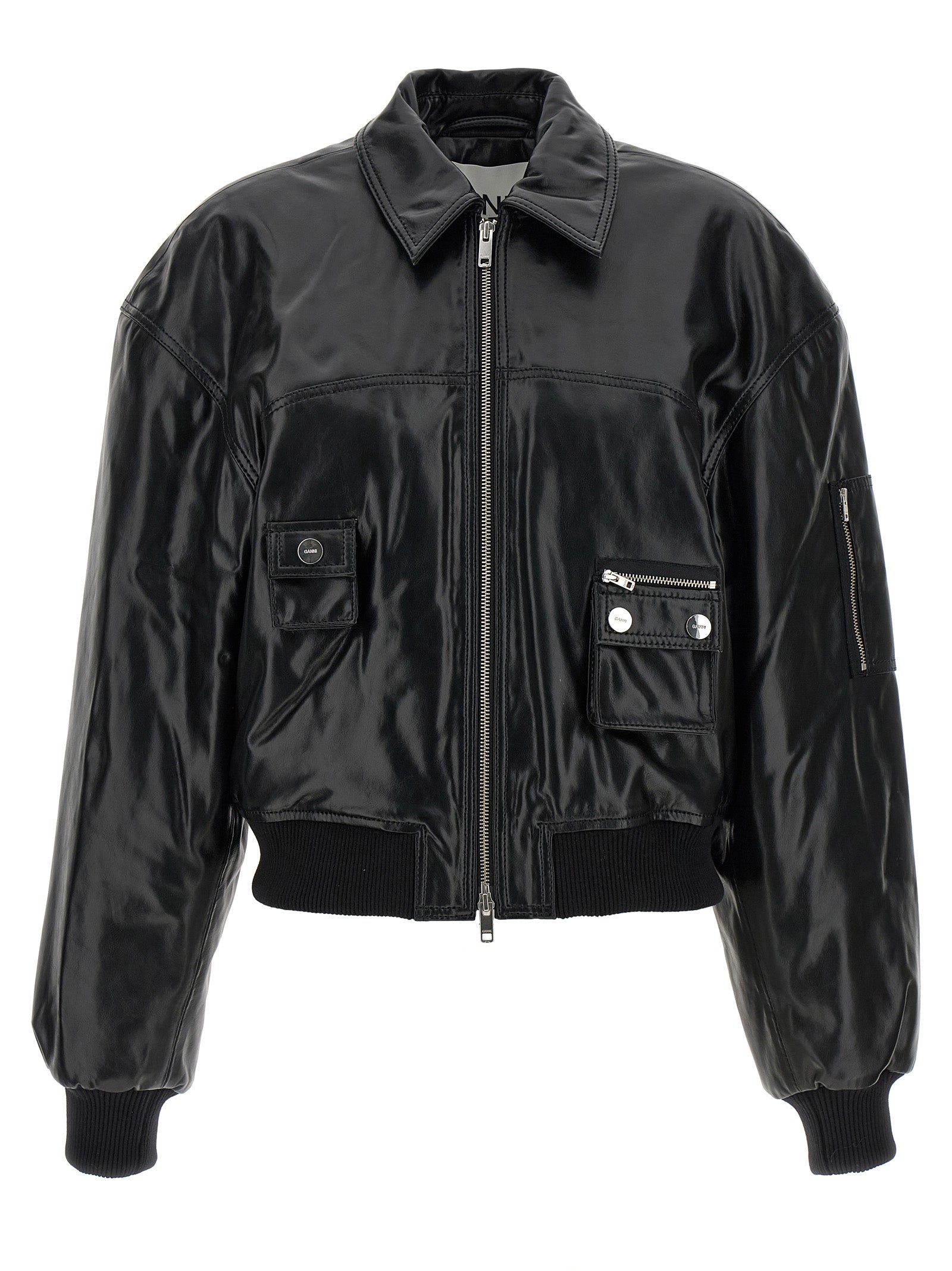 Ganni Schwarze Leder Bomberjacke