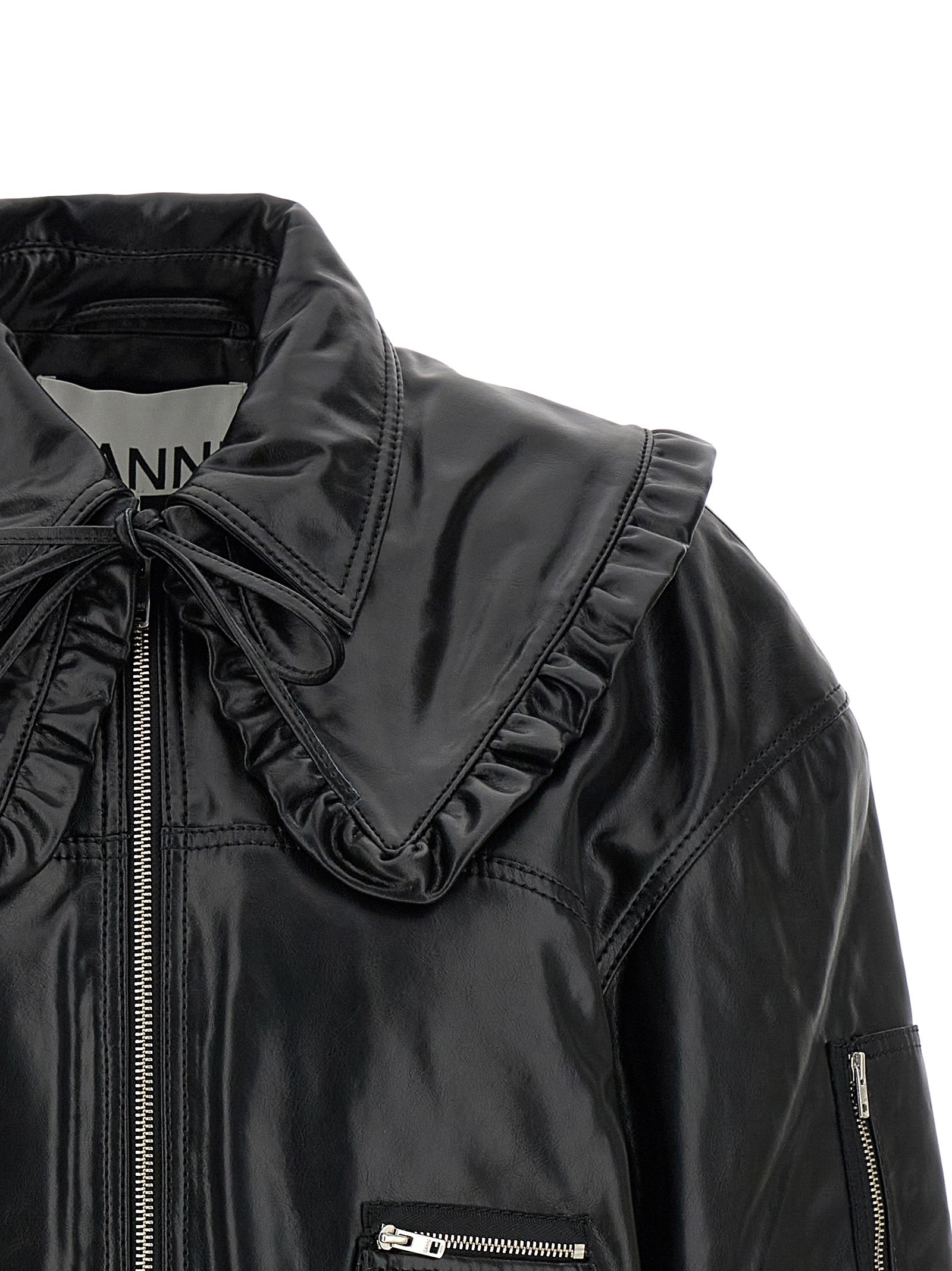 Ganni Schwarze Leder Bomberjacke