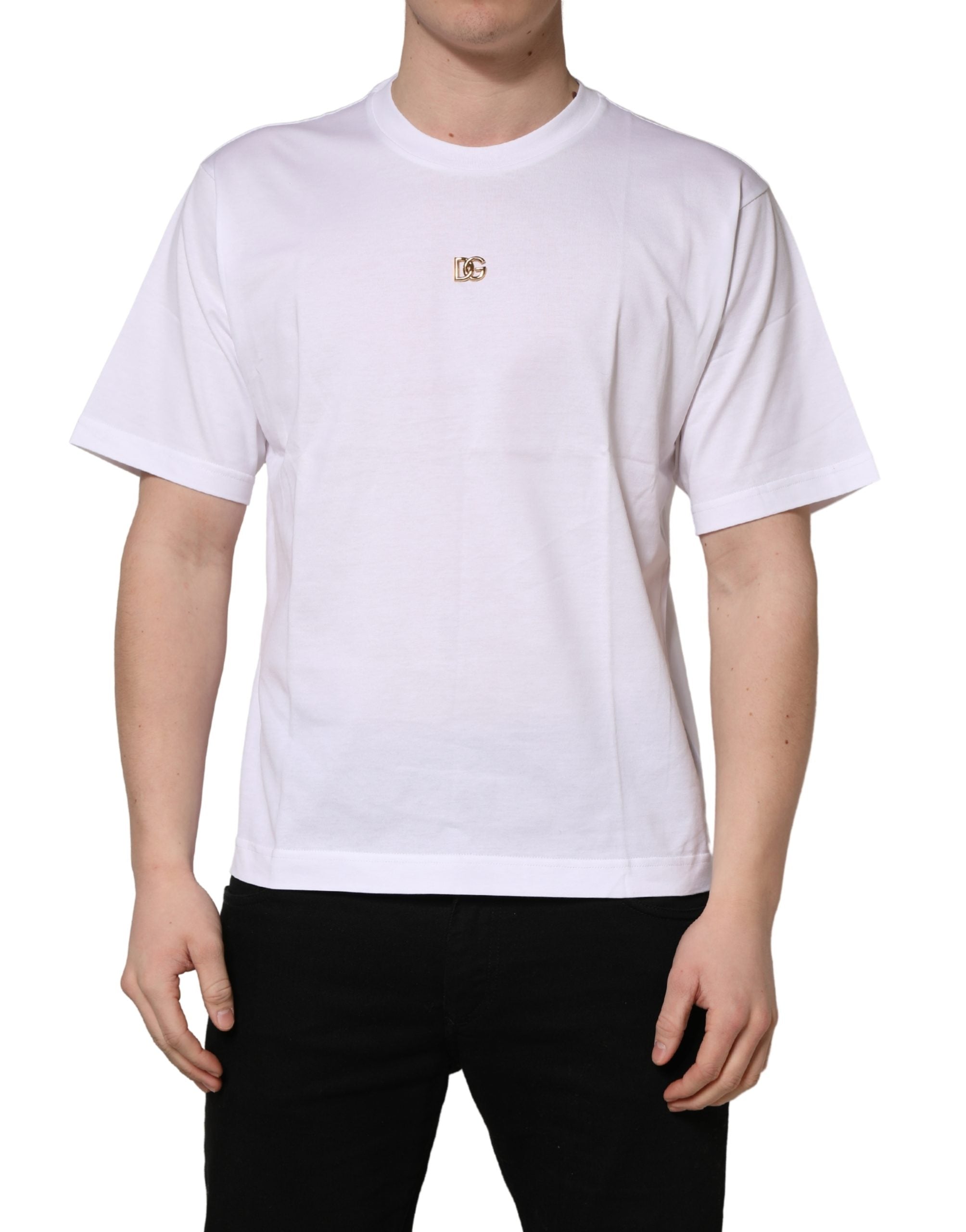 Dolce & Gabbana Weißes Metall DG Logo Baumwolle Kurzarm-T-Shirt