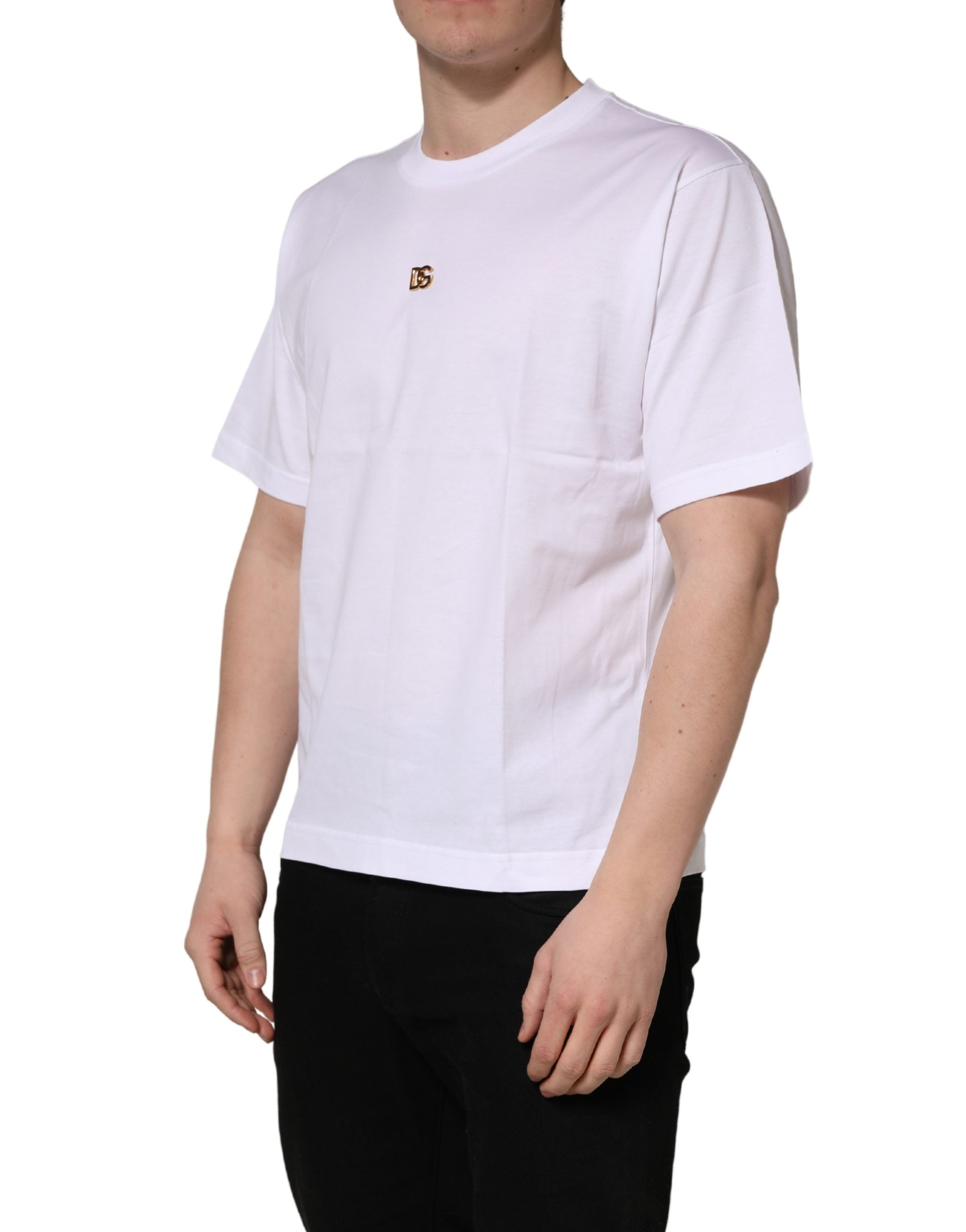 Dolce & Gabbana Weißes Metall DG Logo Baumwolle Kurzarm-T-Shirt