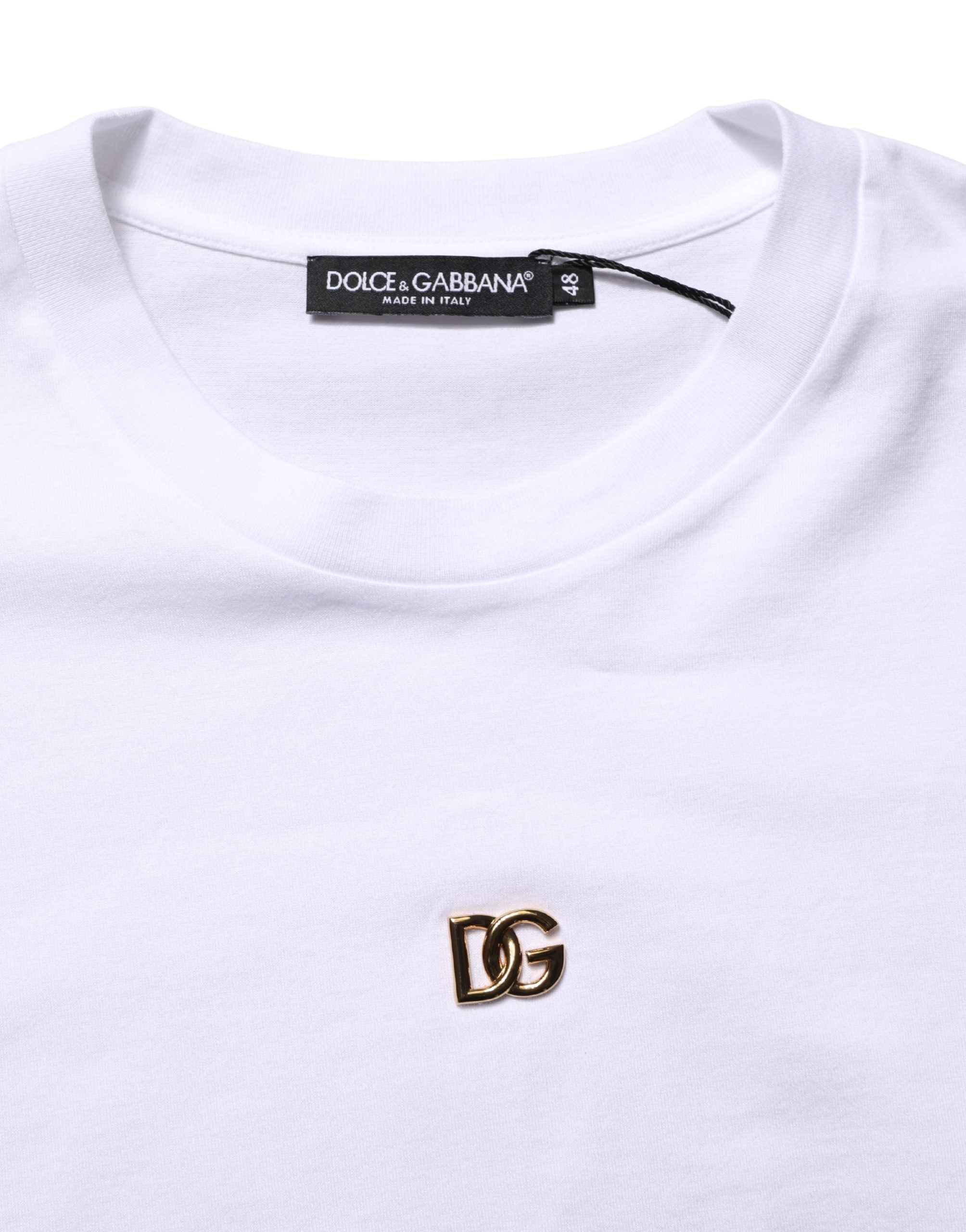 Dolce & Gabbana Weißes Metall DG Logo Baumwolle Kurzarm-T-Shirt