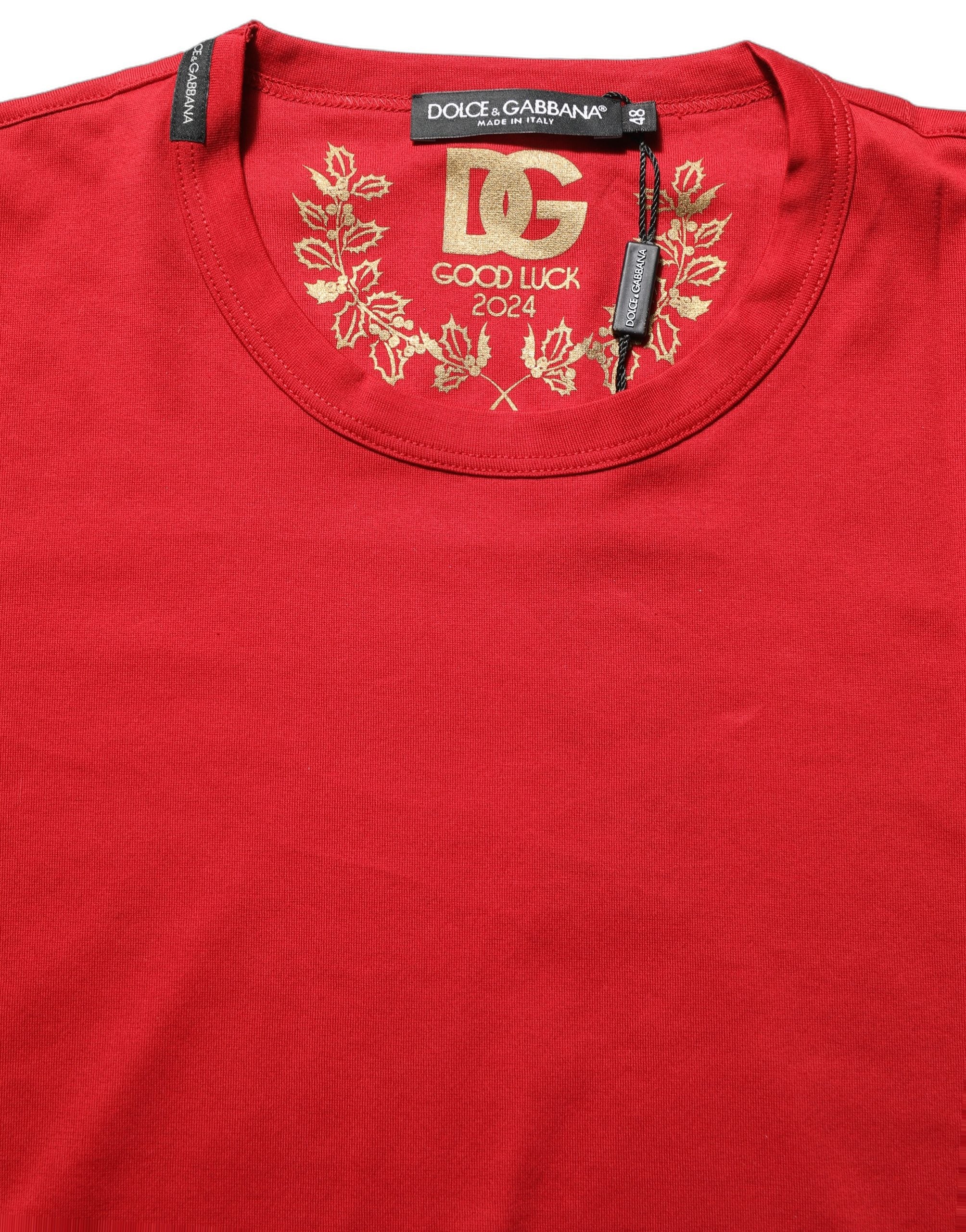 Dolce & Gabbana Rotes Goodluck 2023 Baumwoll-T-Shirt mit Rundhalsausschnitt