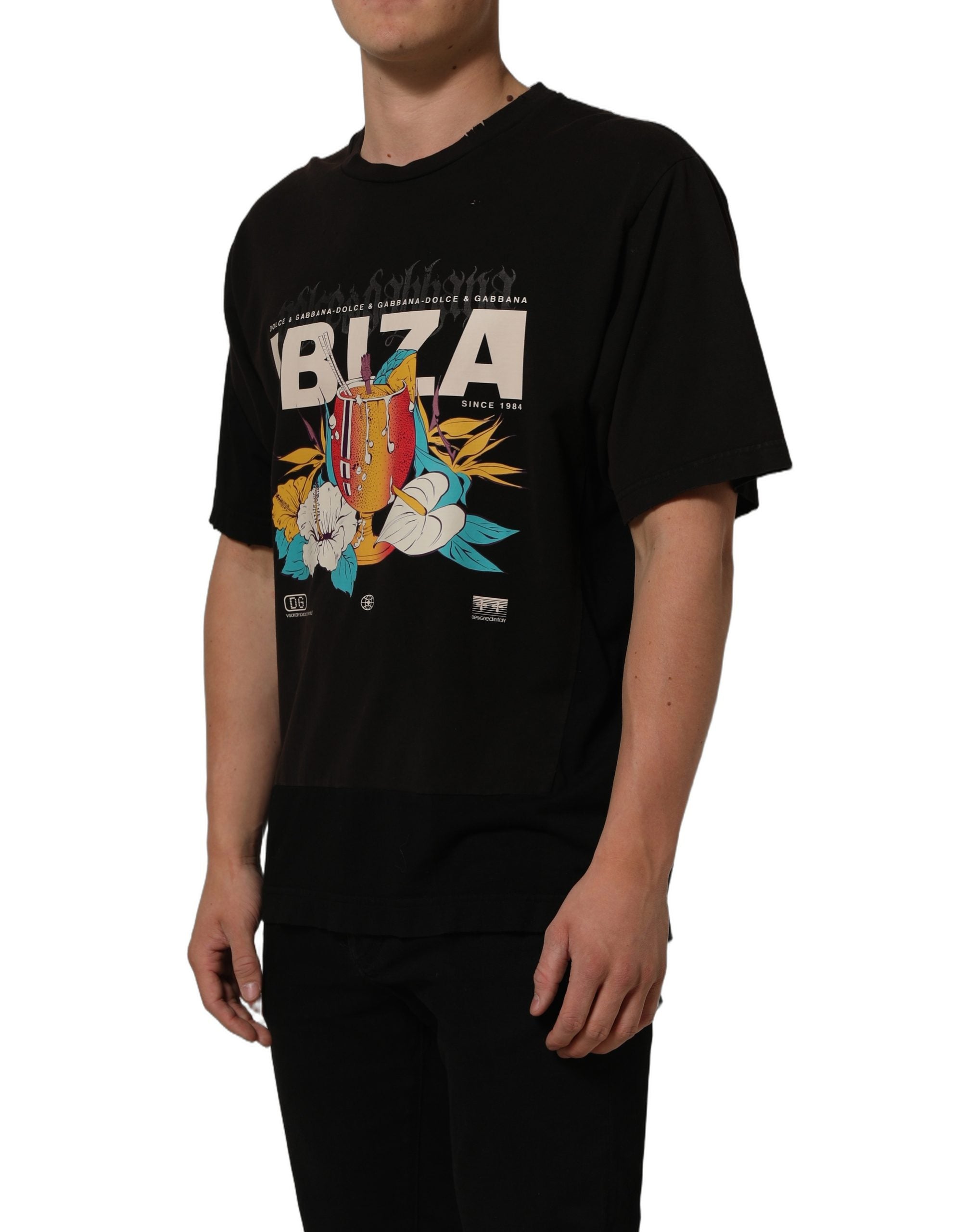 Dolce & Gabbana Schwarzes Tropical "IBIZA" Herren T-Shirt mit Rundhalsausschnitt