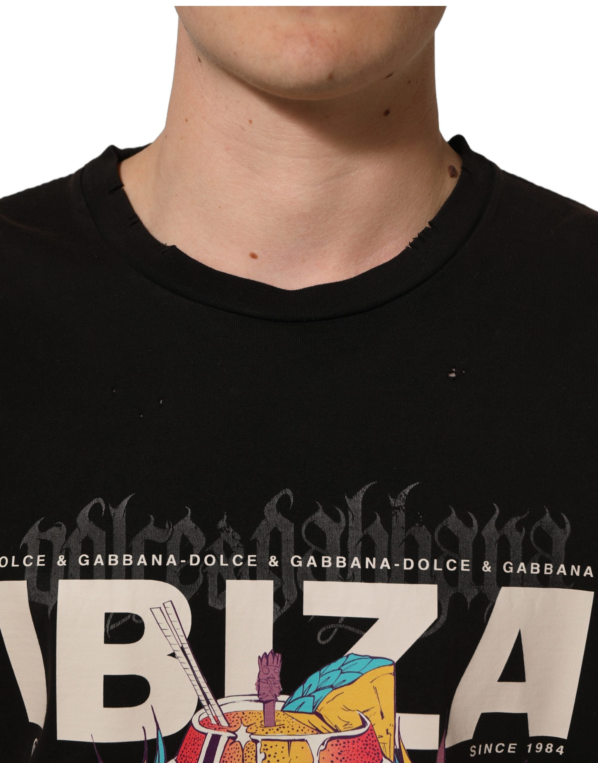 Dolce & Gabbana Schwarzes Tropical "IBIZA" Herren T-Shirt mit Rundhalsausschnitt