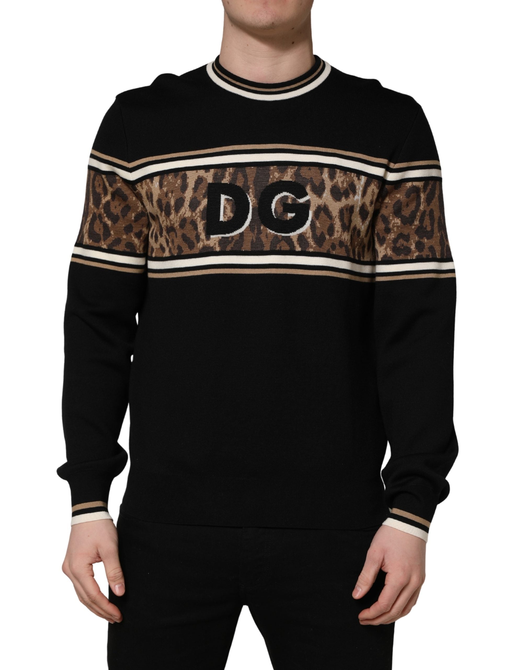 Dolce & Gabbana Pullover-Pullover aus schwarzer Wolle mit Leopardenmuster für Herren
