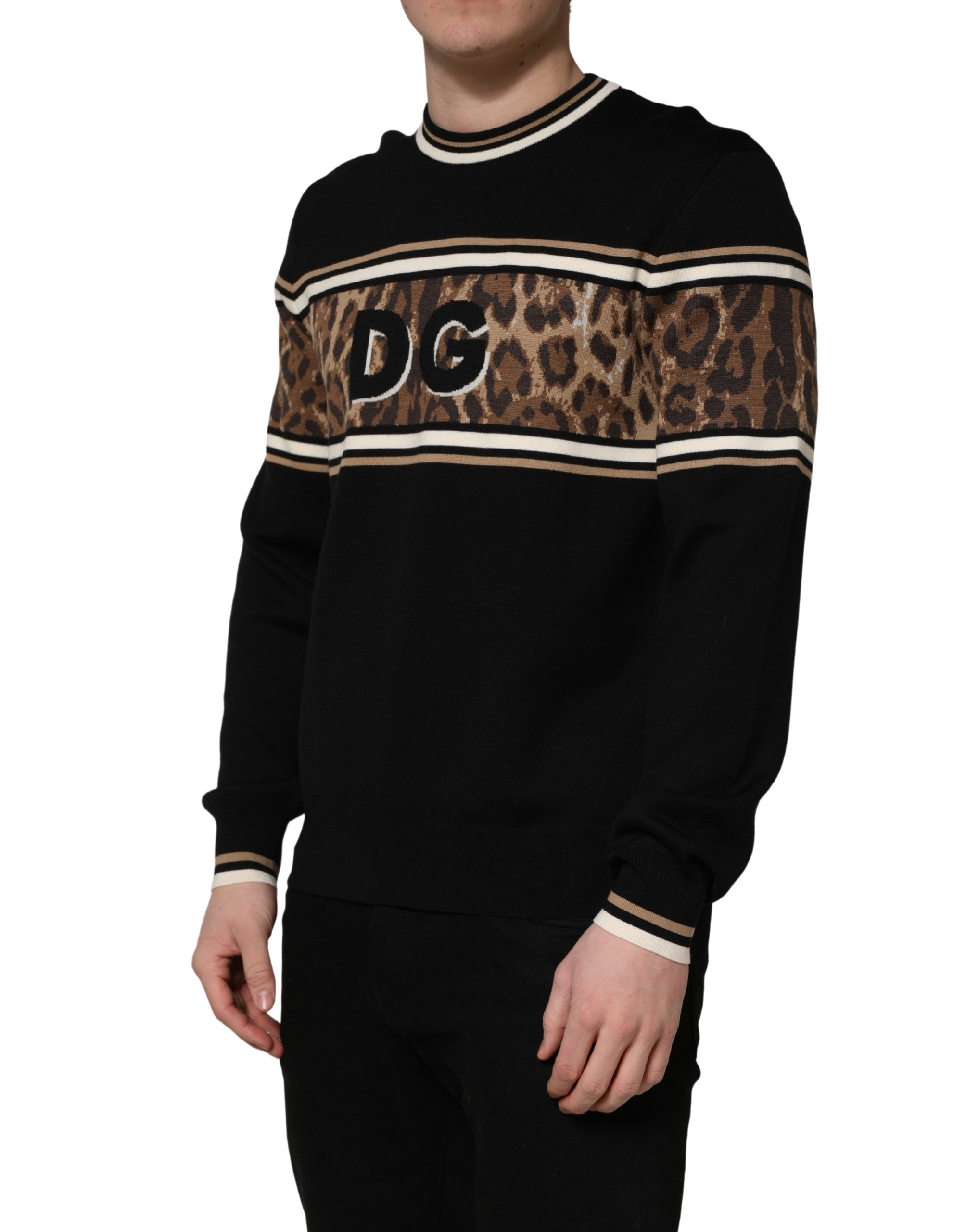 Dolce & Gabbana Pullover-Pullover aus schwarzer Wolle mit Leopardenmuster für Herren