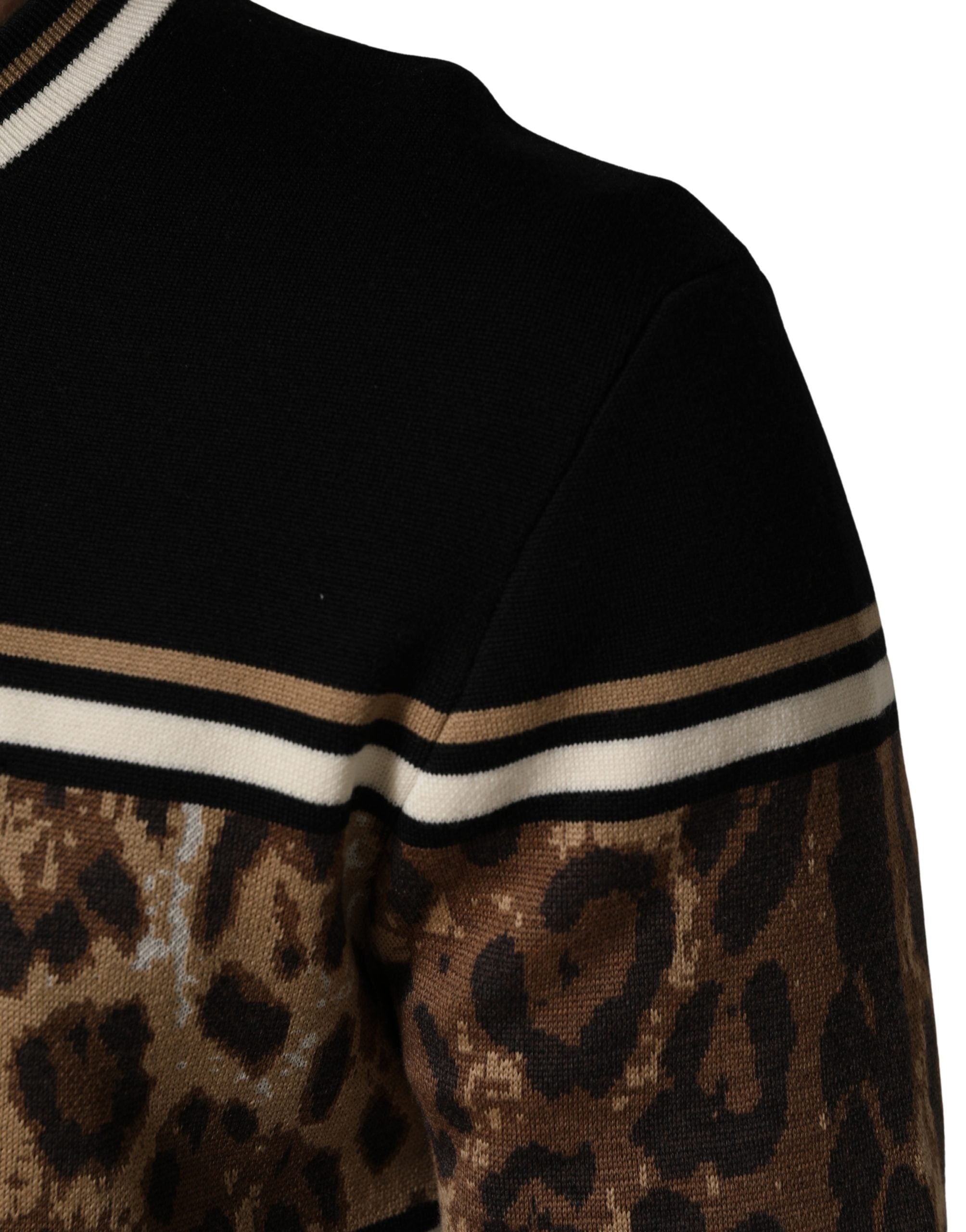 Dolce & Gabbana Pullover-Pullover aus schwarzer Wolle mit Leopardenmuster für Herren
