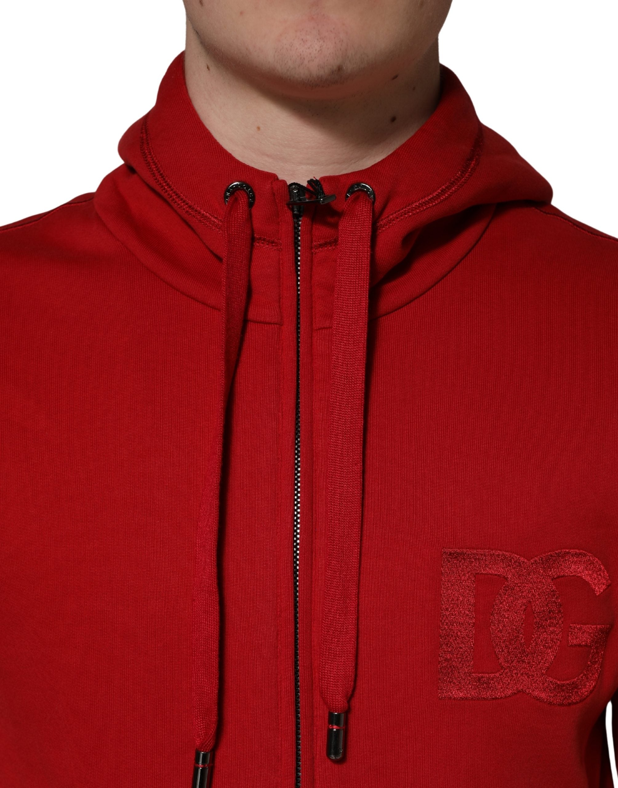 Dolce & Gabbana Roter Kapuzenpullover mit durchgehendem Reißverschluss und Stickerei