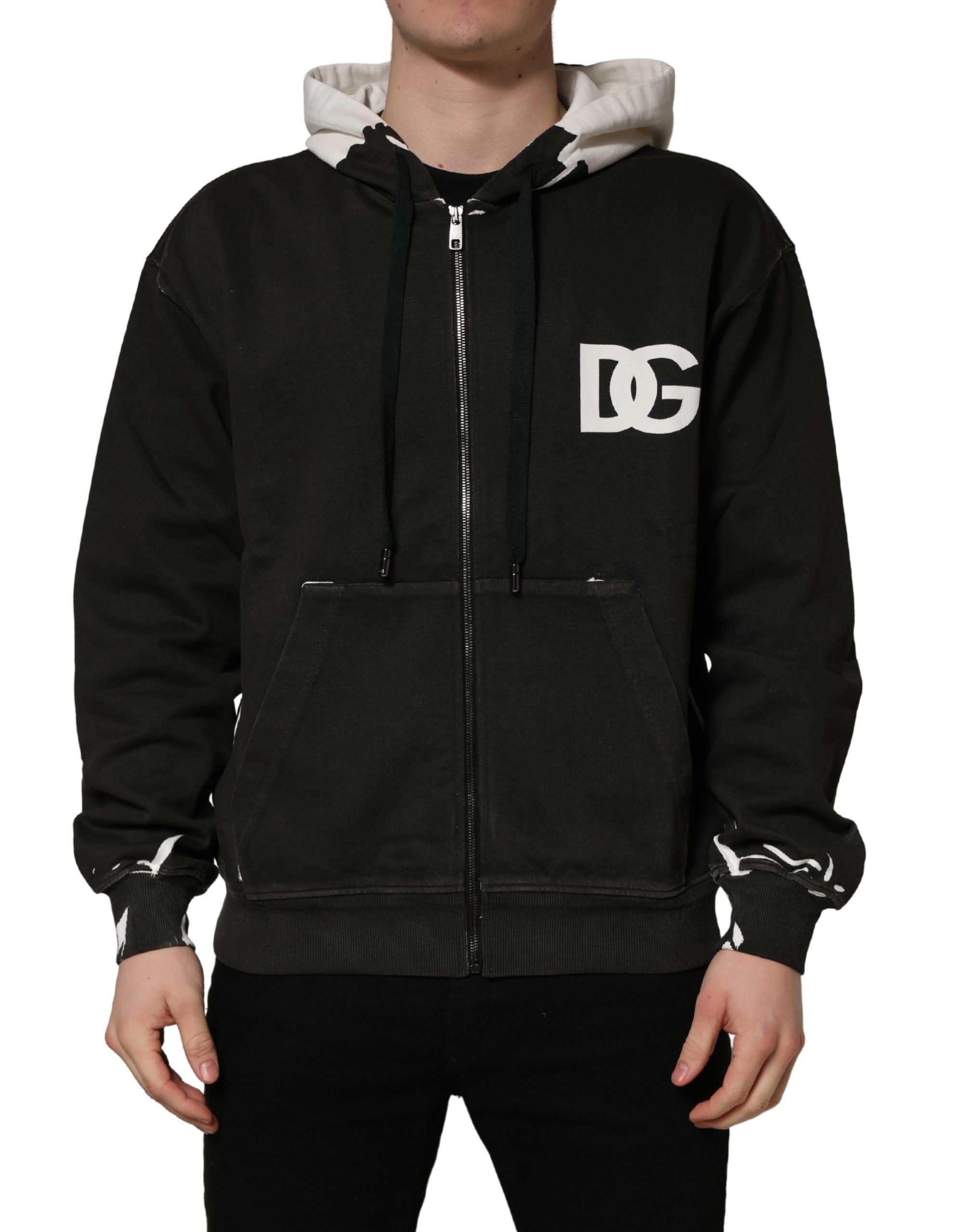 Dolce & Gabbana Schwarzer Kapuzenpullover mit durchgehendem Reißverschluss und Logo aus Baumwolle
